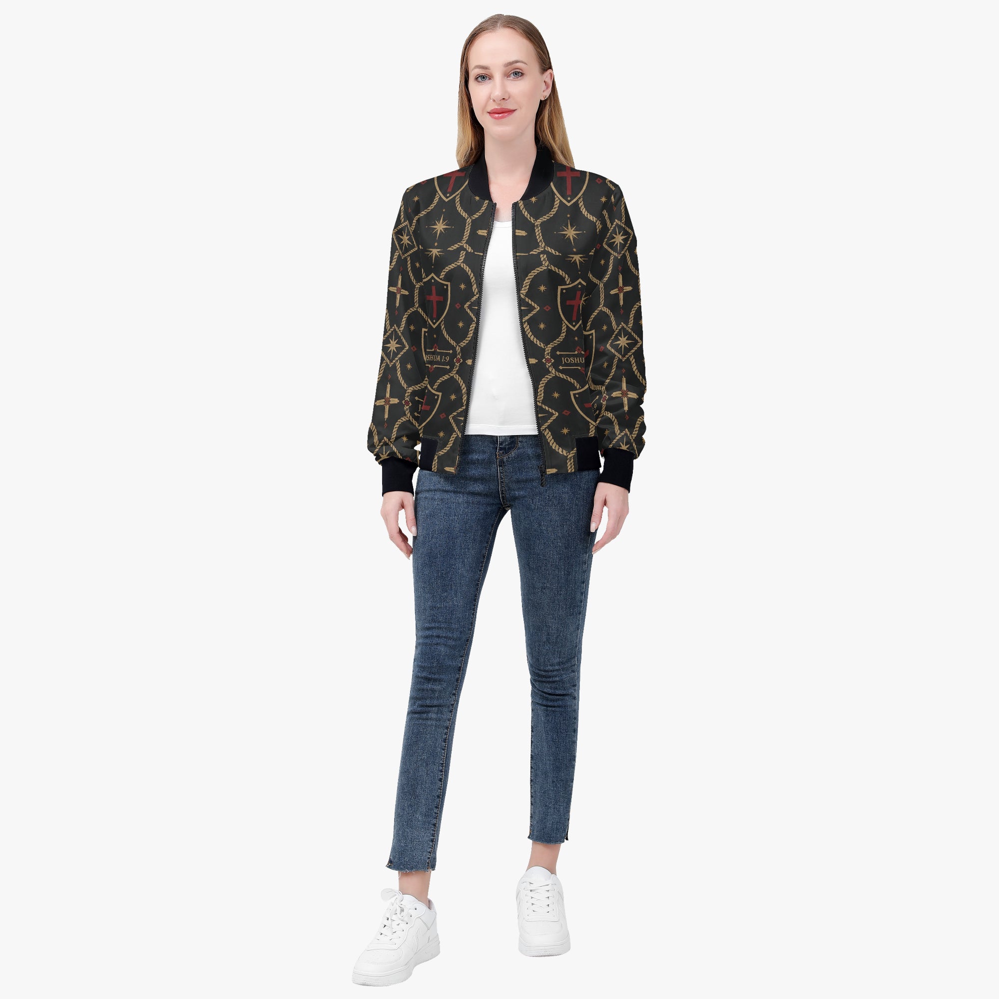 Women's monogram bomber — gold shields, crosses and four-point stars on charcoal (view 2)