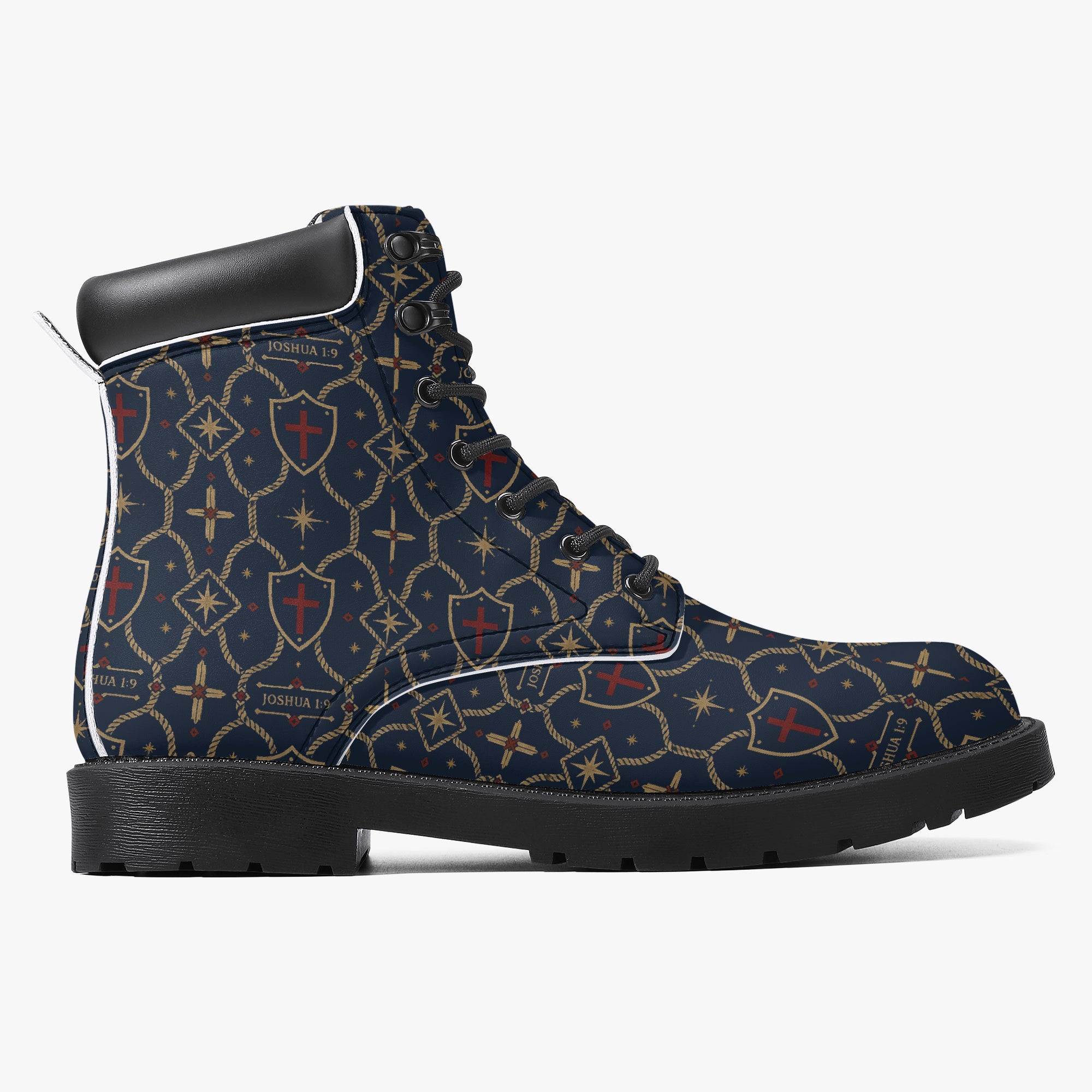 SANCTUS NOVA CARRY THE STANDARD leather boot in the royal navy monogram, angled view