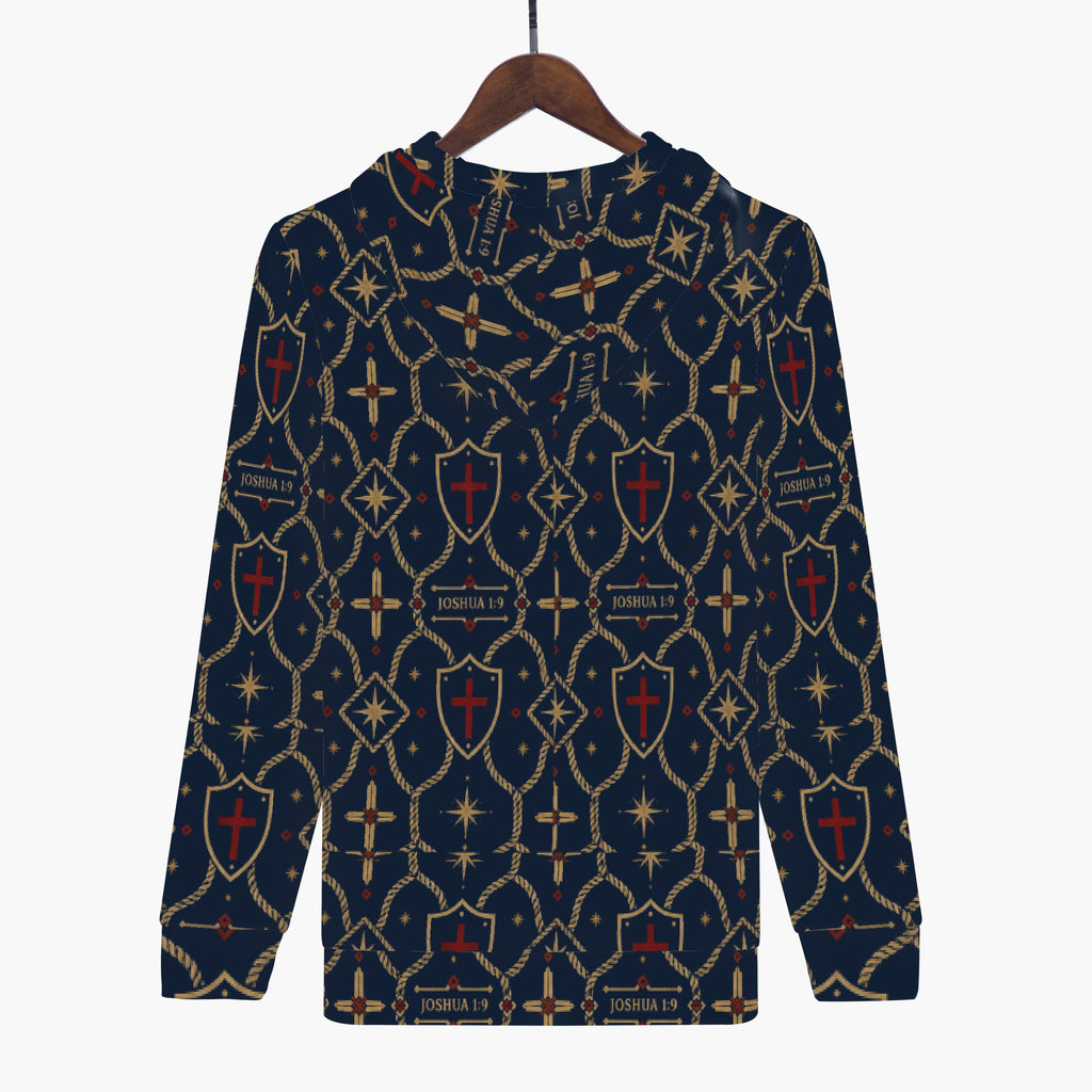 CARRY THE STANDARD full-zip hoodie in royal navy — SANCTUS NOVA house monogram, marked JOSHUA 1:9