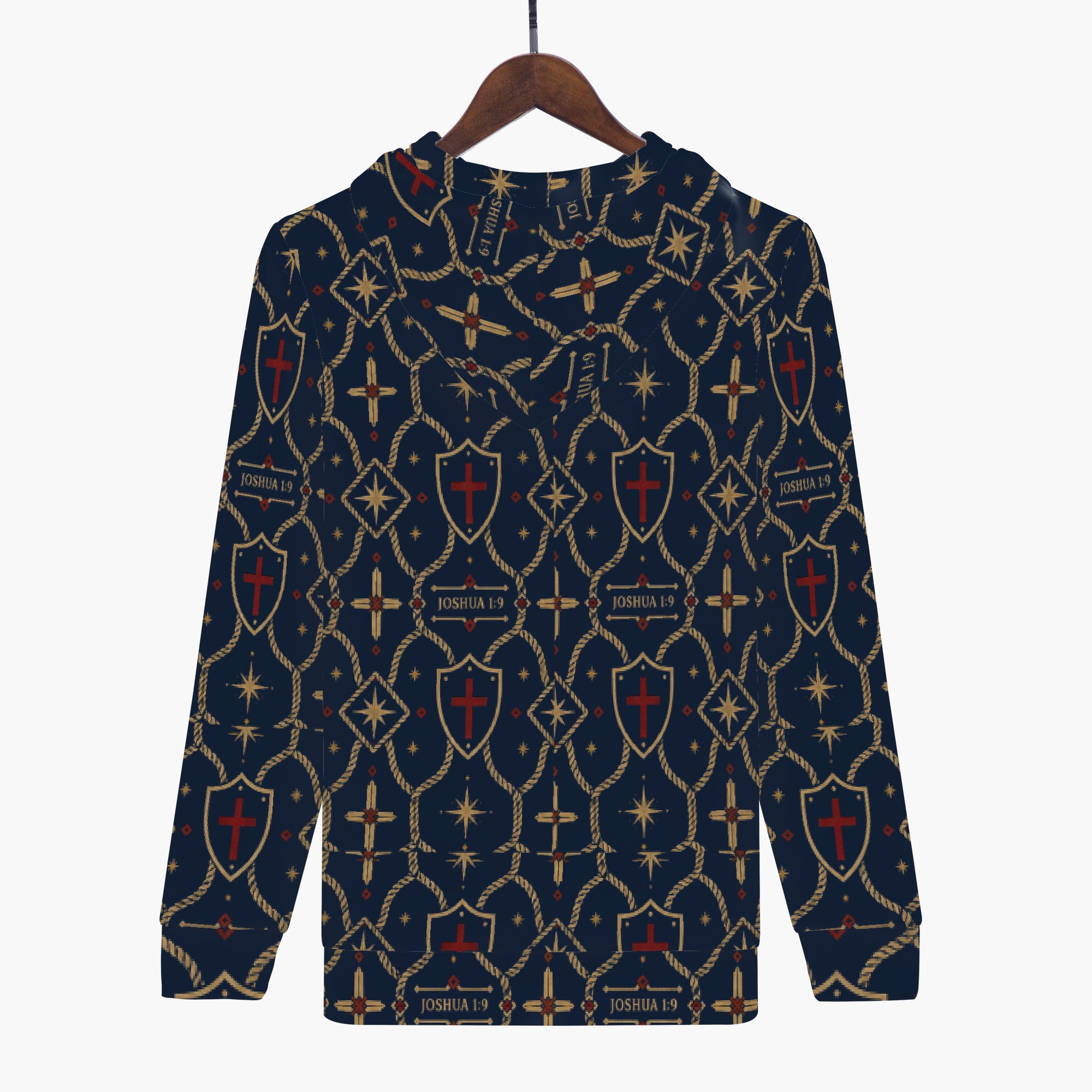CARRY THE STANDARD full-zip hoodie in royal navy — SANCTUS NOVA house monogram, marked JOSHUA 1:9