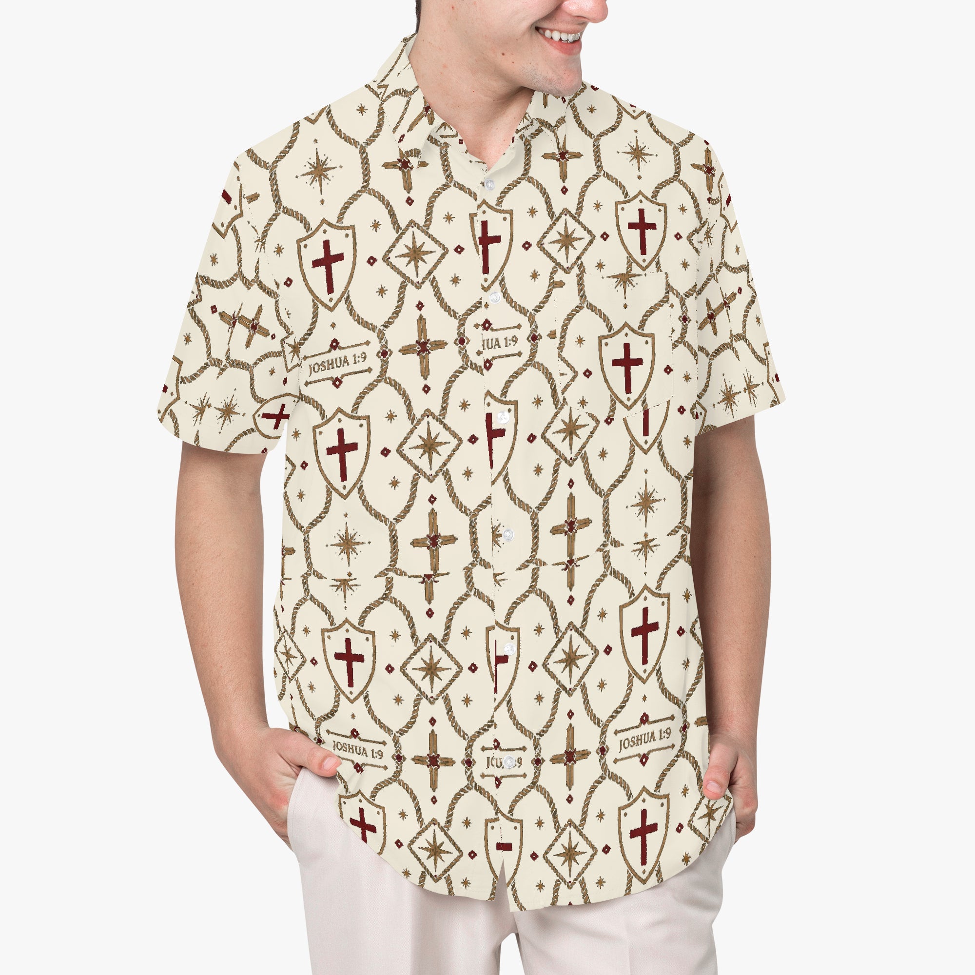 CARRY THE STANDARD camp shirt in ivory — SANCTUS NOVA house monogram, marked JOSHUA 1:9