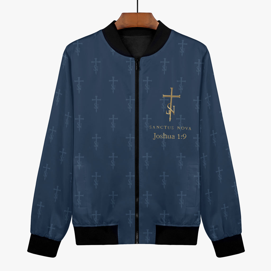 Front of the SANCTUS NOVA Royal Navy signature bomber jacket, with gold cross-SN, house name and Joshua 1:9 above the left chest pocket.