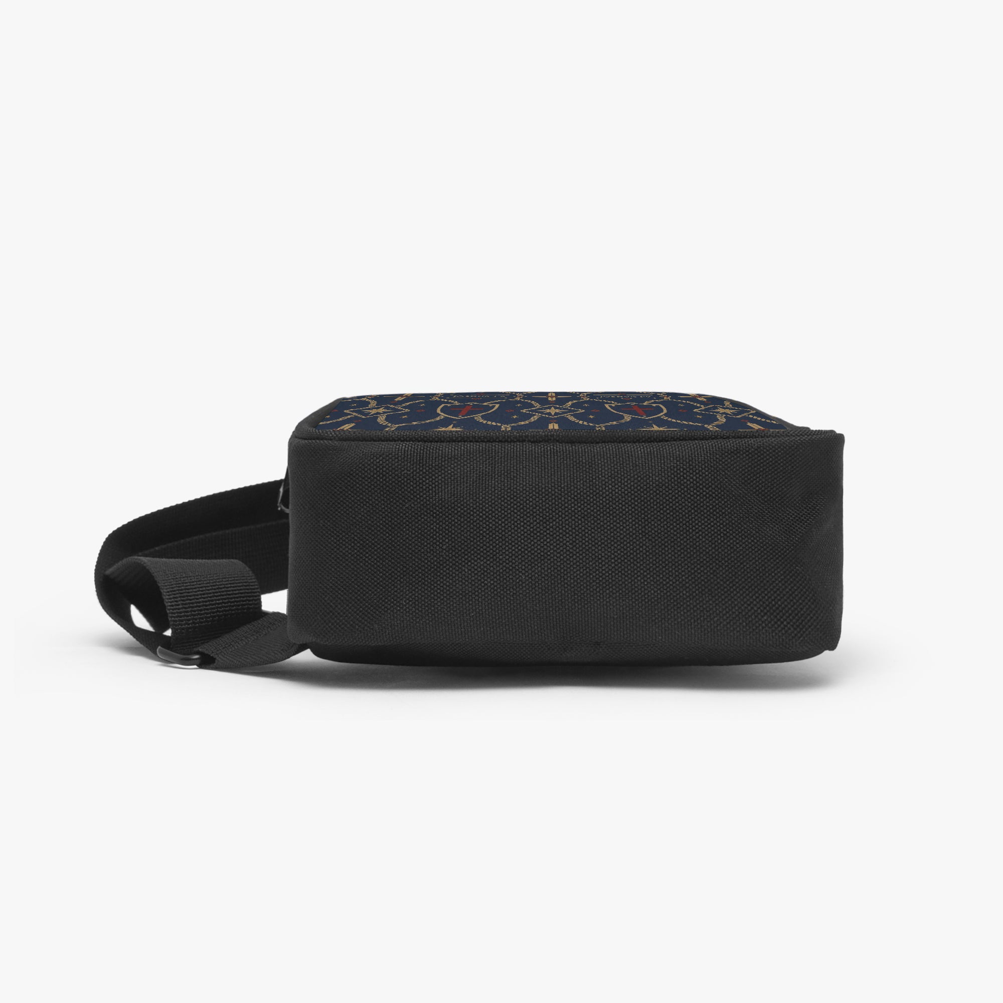 Royal Navy monogram chest bag — top and back, black nylon