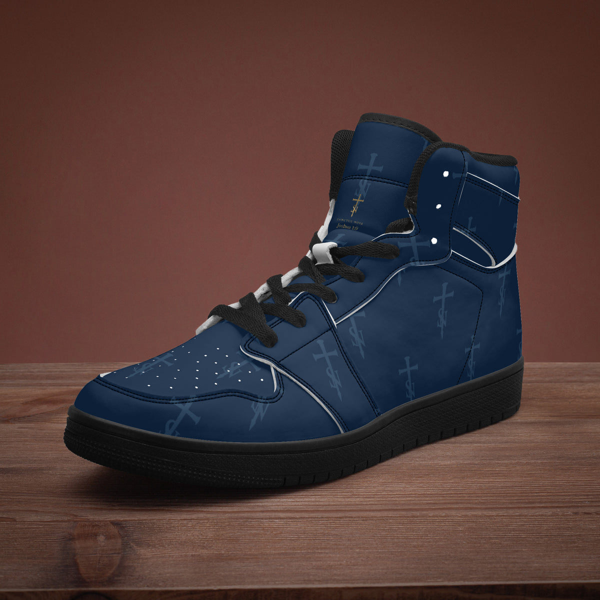 SANCTUS NOVA Royal Navy signature high-top sneakers. Black trim, three-quarter view on a wood surface.