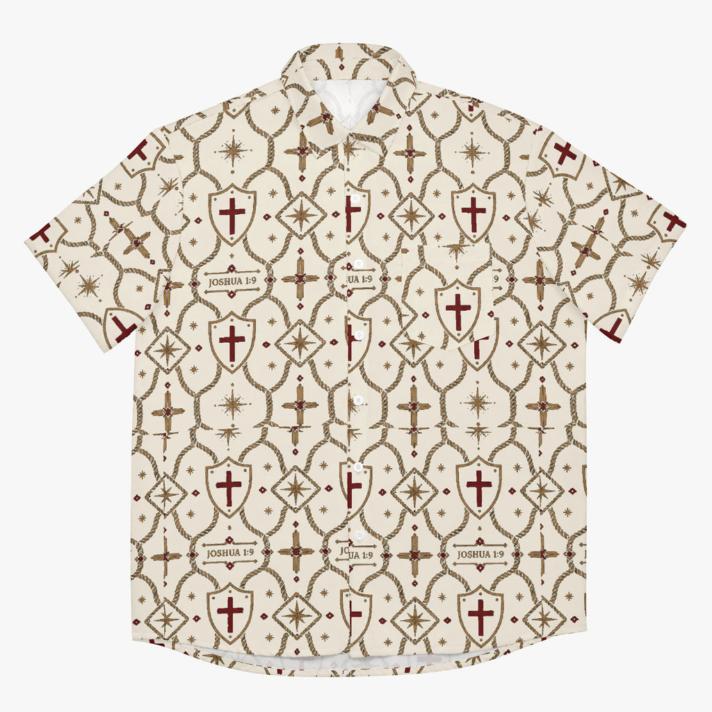 CARRY THE STANDARD camp shirt in ivory — SANCTUS NOVA house monogram, view 4