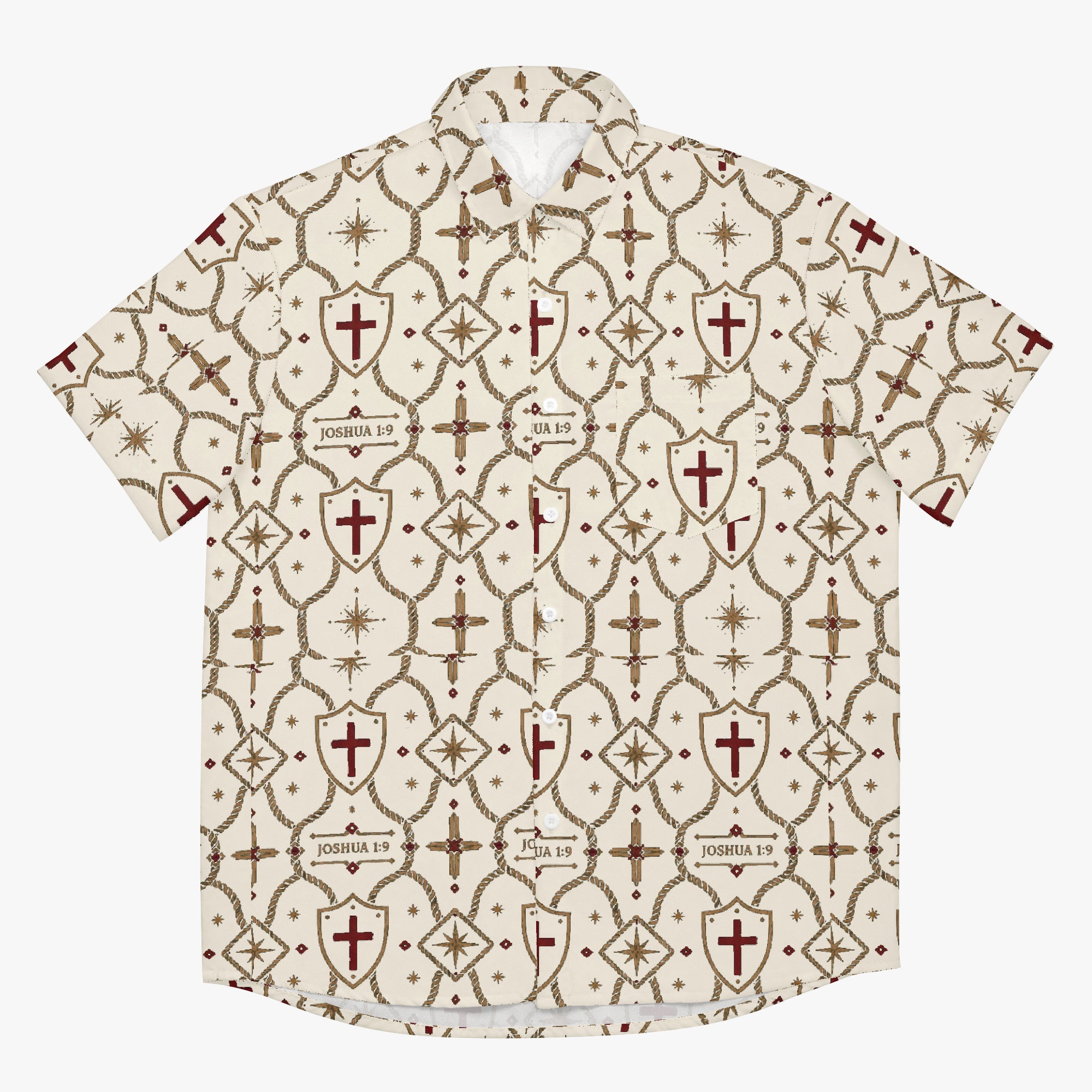 CARRY THE STANDARD camp shirt in ivory — SANCTUS NOVA house monogram, view 4