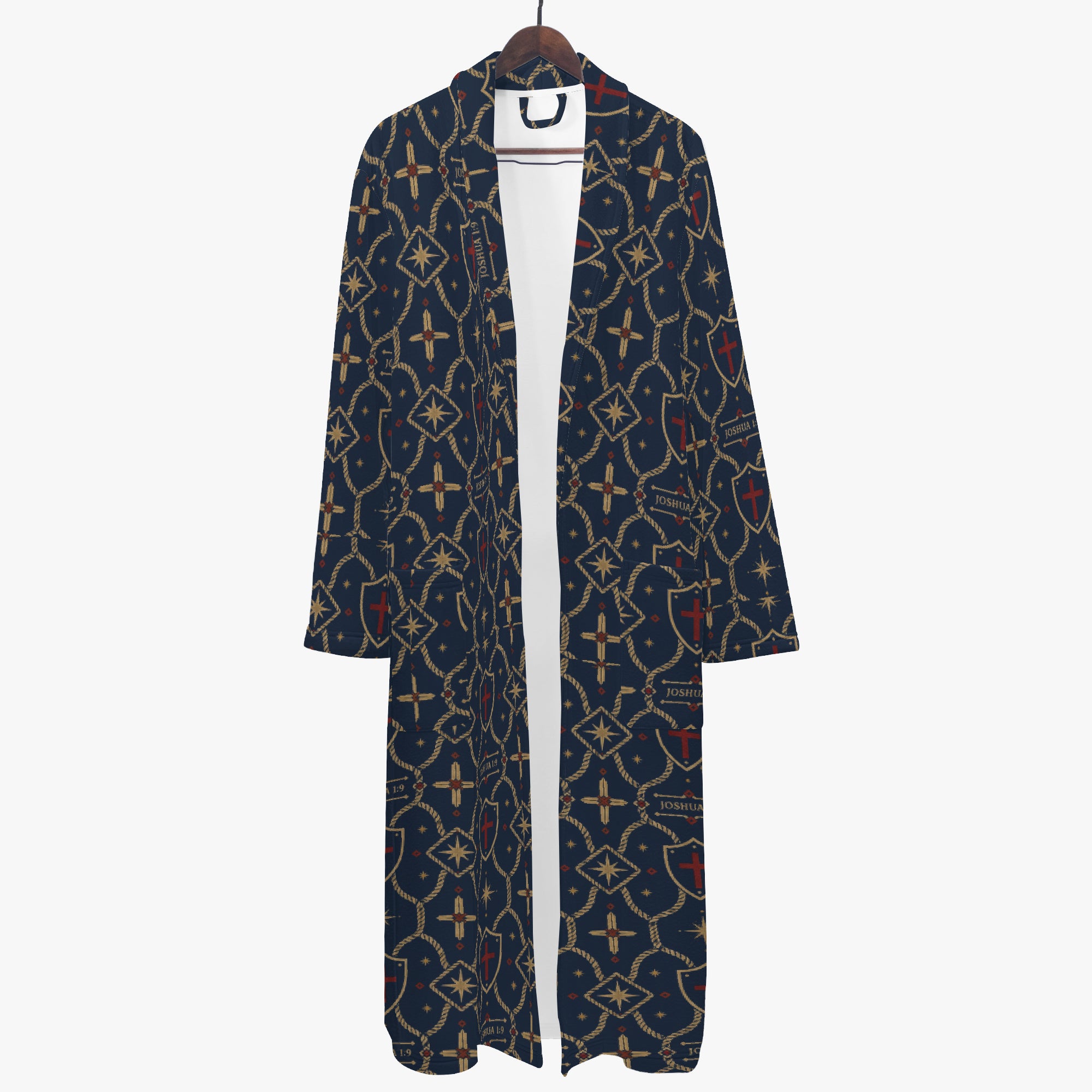 CARRY THE STANDARD bathrobe in royal navy — SANCTUS NOVA house monogram, marked JOSHUA 1:9