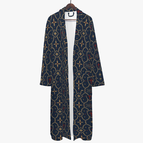 CARRY THE STANDARD bathrobe in royal navy — SANCTUS NOVA house monogram, marked JOSHUA 1:9