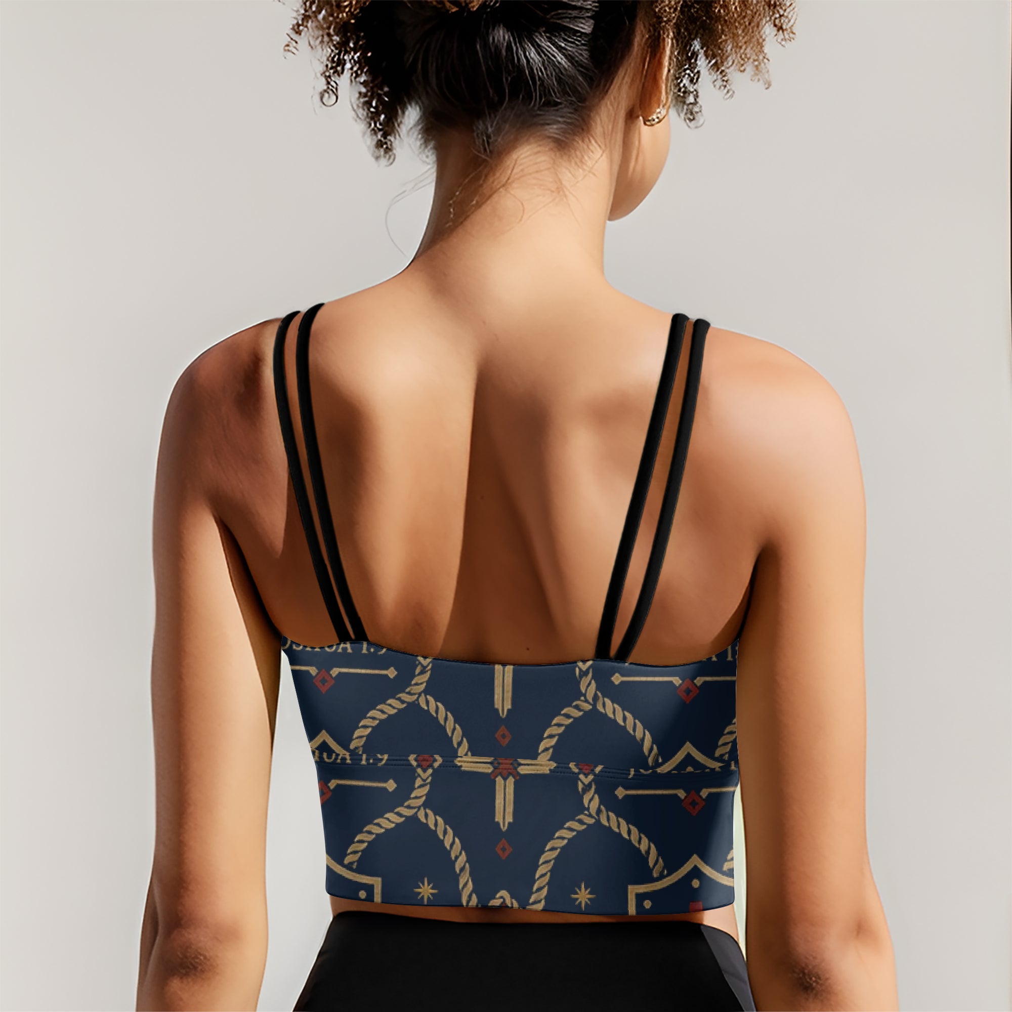 CARRY THE STANDARD women's short yoga top in royal navy — SANCTUS NOVA house monogram, view 2