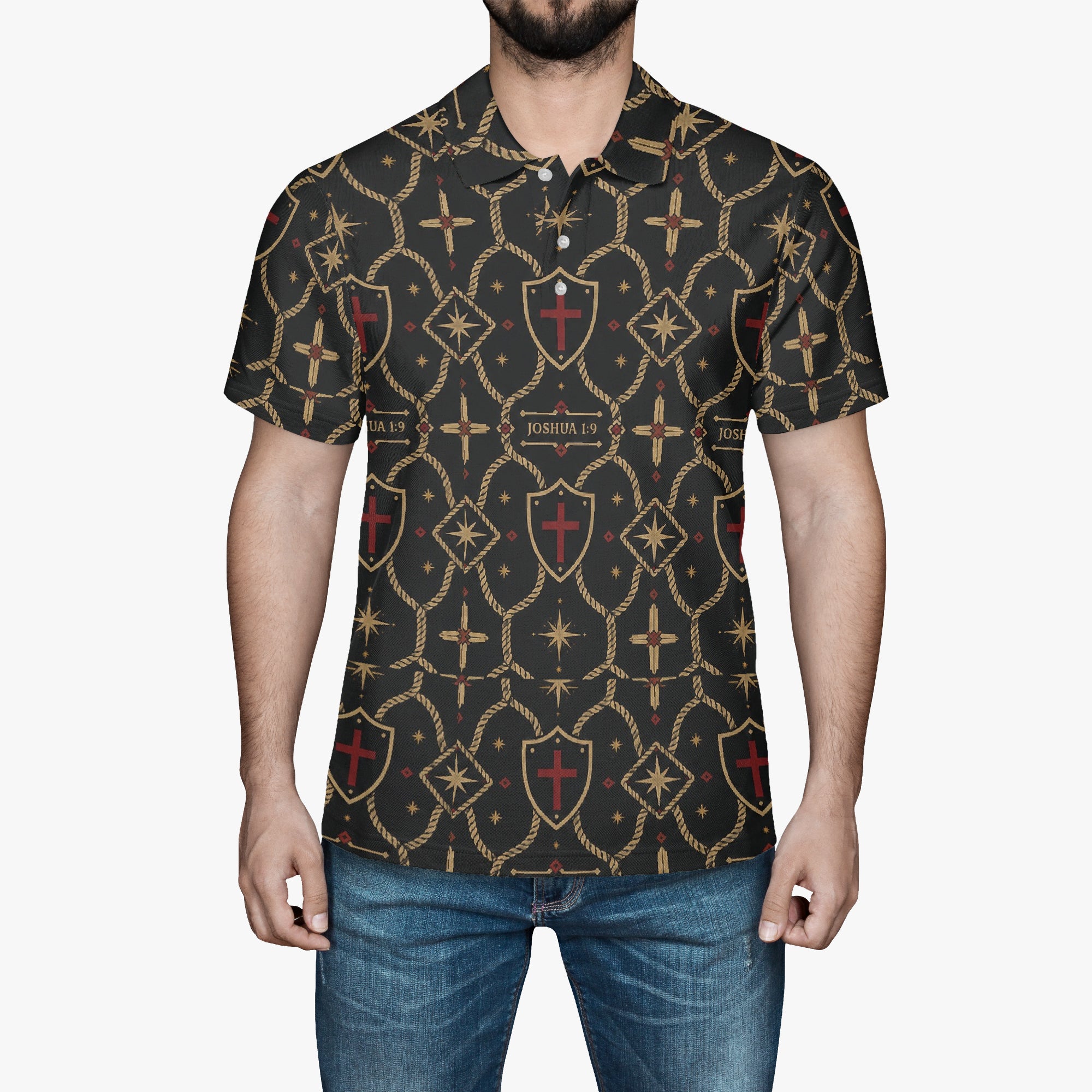 Signature monogram polo worn front-on, tucked into jeans