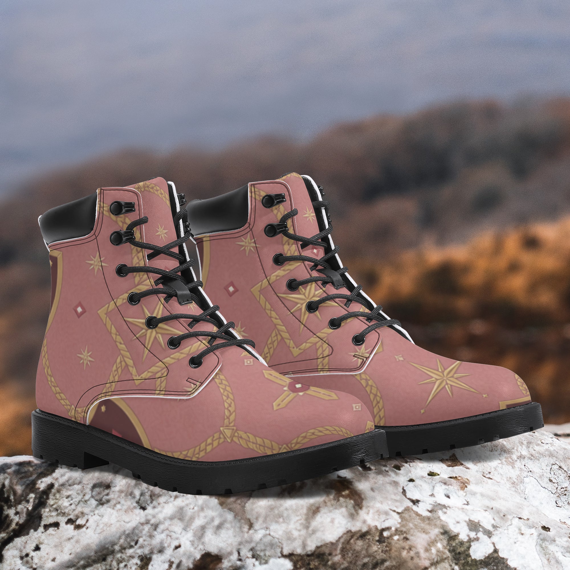 CARRY THE STANDARD leather boot in rose — SANCTUS NOVA house monogram