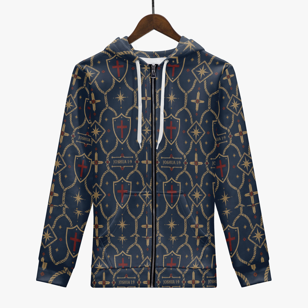 CARRY THE STANDARD full-zip hoodie in royal navy — SANCTUS NOVA house monogram, view 3