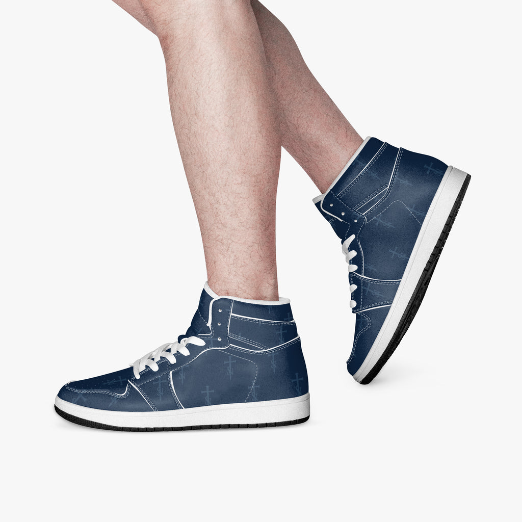 SANCTUS NOVA Royal Navy signature high-top sneakers. White trim, supplier lifestyle mockup showing the shoe worn.