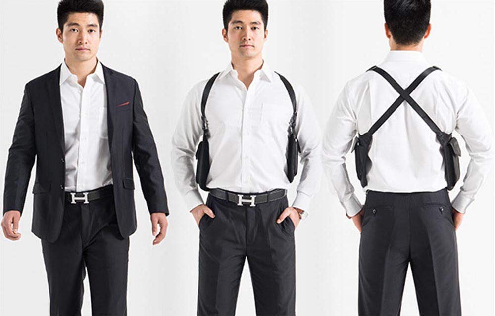 ARMORED shoulder holster worn — front, twin pouches under arms