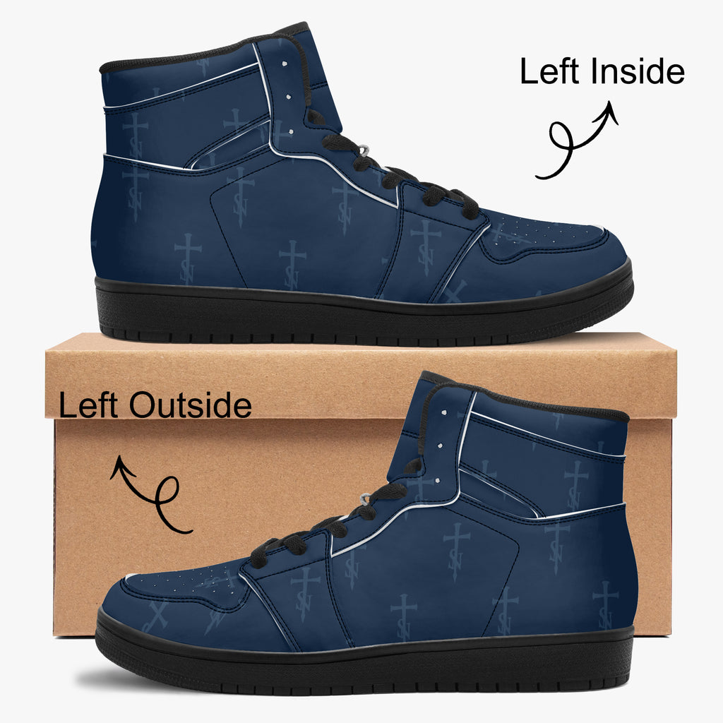 SANCTUS NOVA Royal Navy signature high-top sneakers. Black trim, inside and outside profiles beside a shoe box.