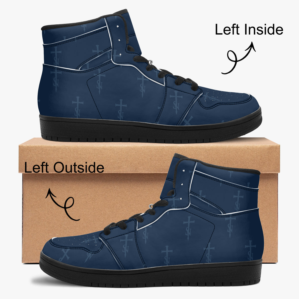 SANCTUS NOVA Royal Navy signature high-top sneakers. Black trim, inside and outside profiles beside a shoe box.