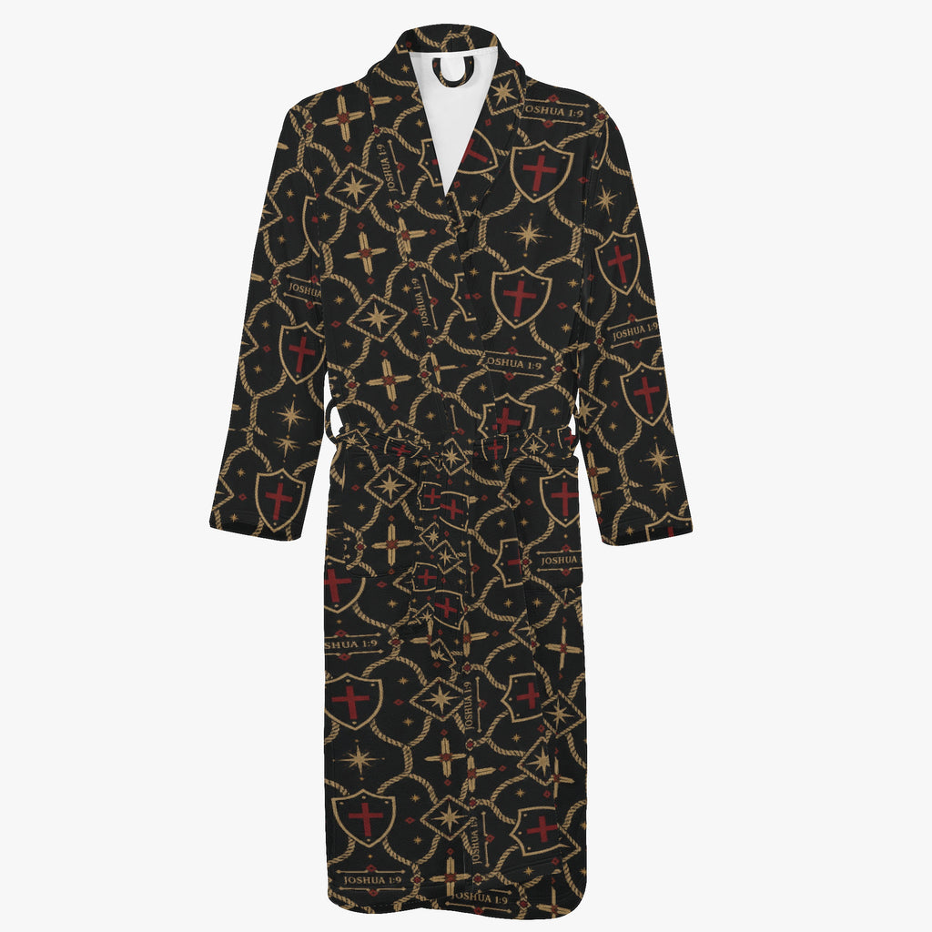 Monogram robe — gold shields, crosses and four-point stars on charcoal flannel (view 2)