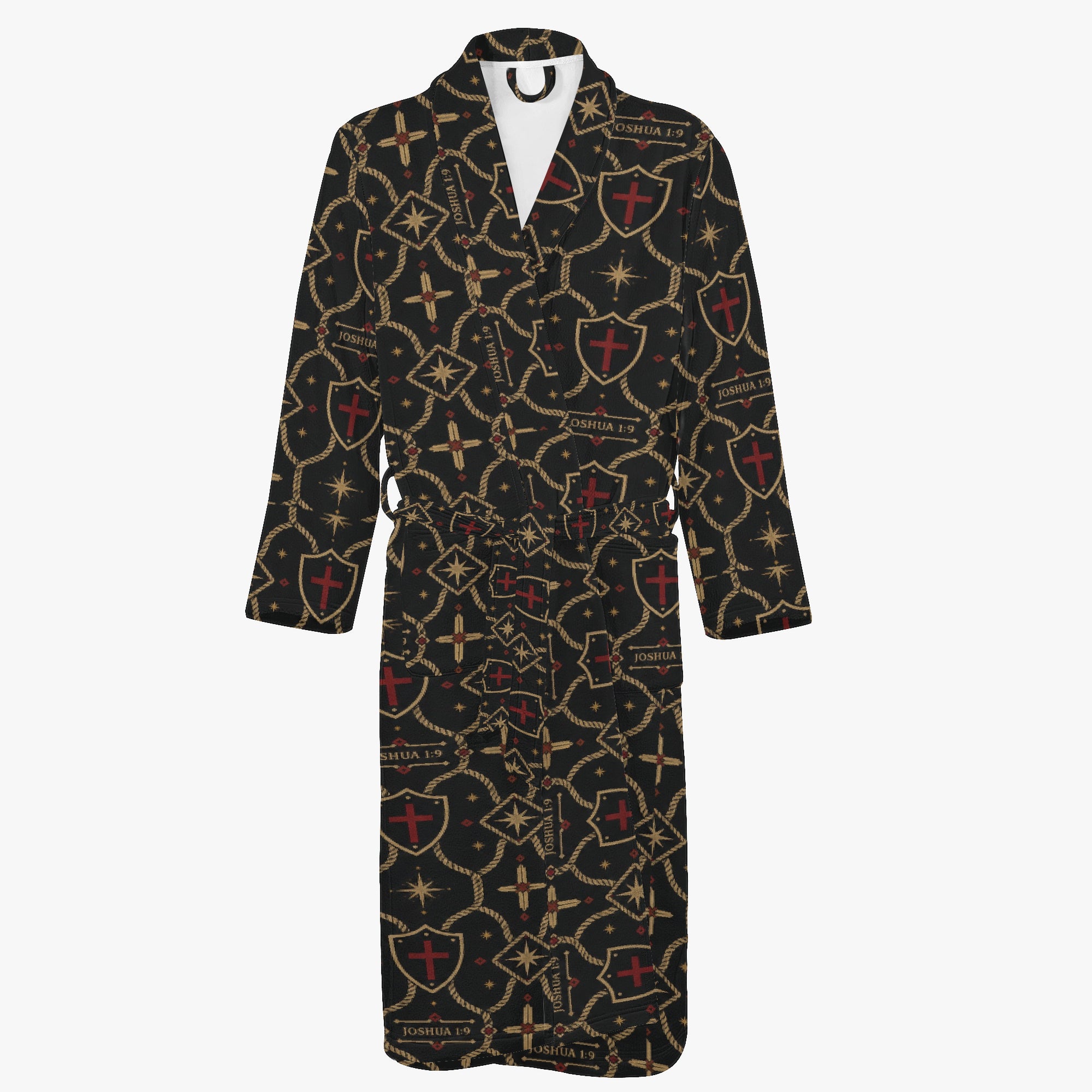 Monogram robe — gold shields, crosses and four-point stars on charcoal flannel (view 2)
