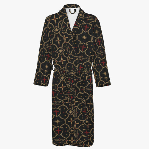 Monogram robe — gold shields, crosses and four-point stars on charcoal flannel (view 2)
