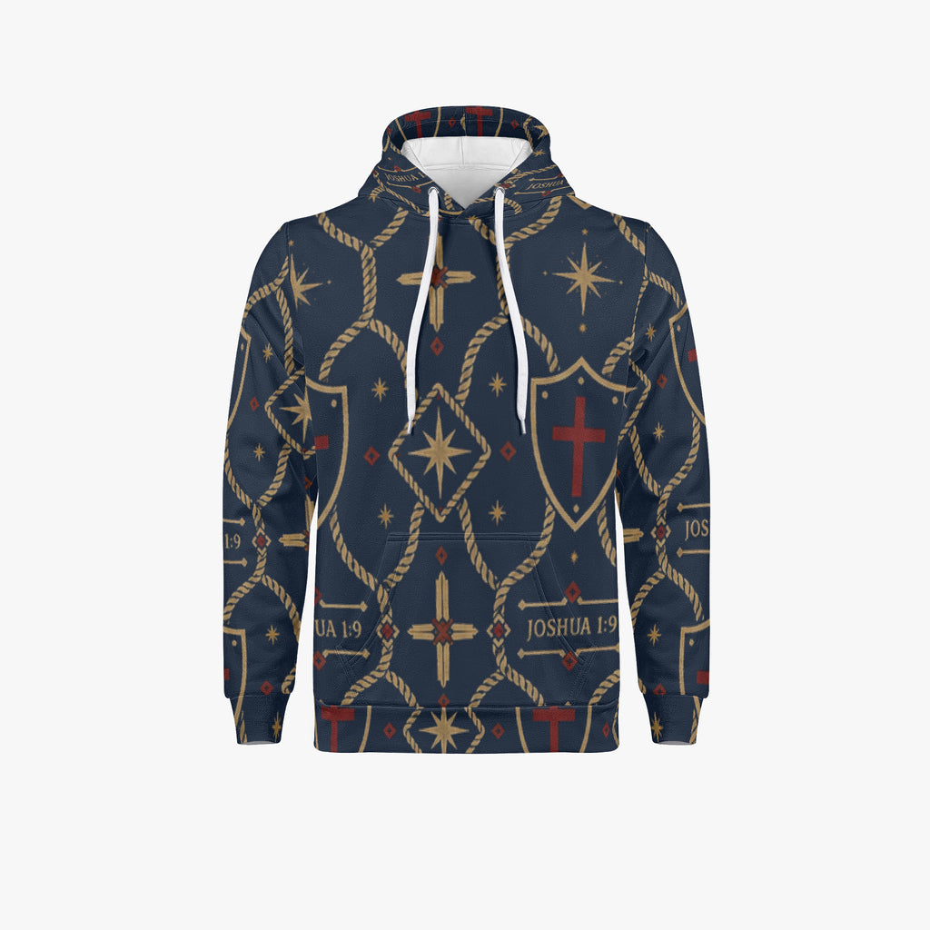 CARRY THE STANDARD pullover hoodie in royal navy — SANCTUS NOVA house monogram, view 2