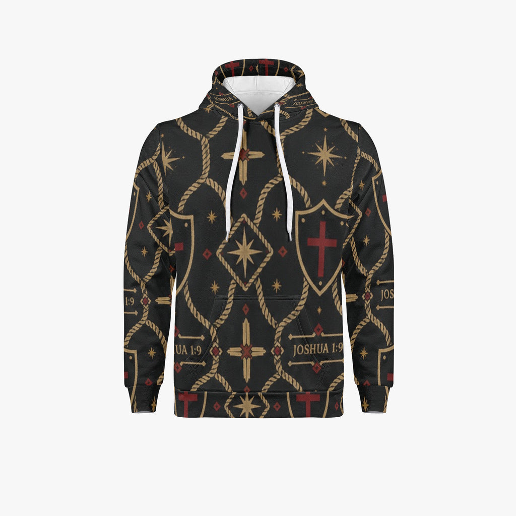 Signature monogram pullover hoodie on a hanger, front with white drawcords and pouch pocket