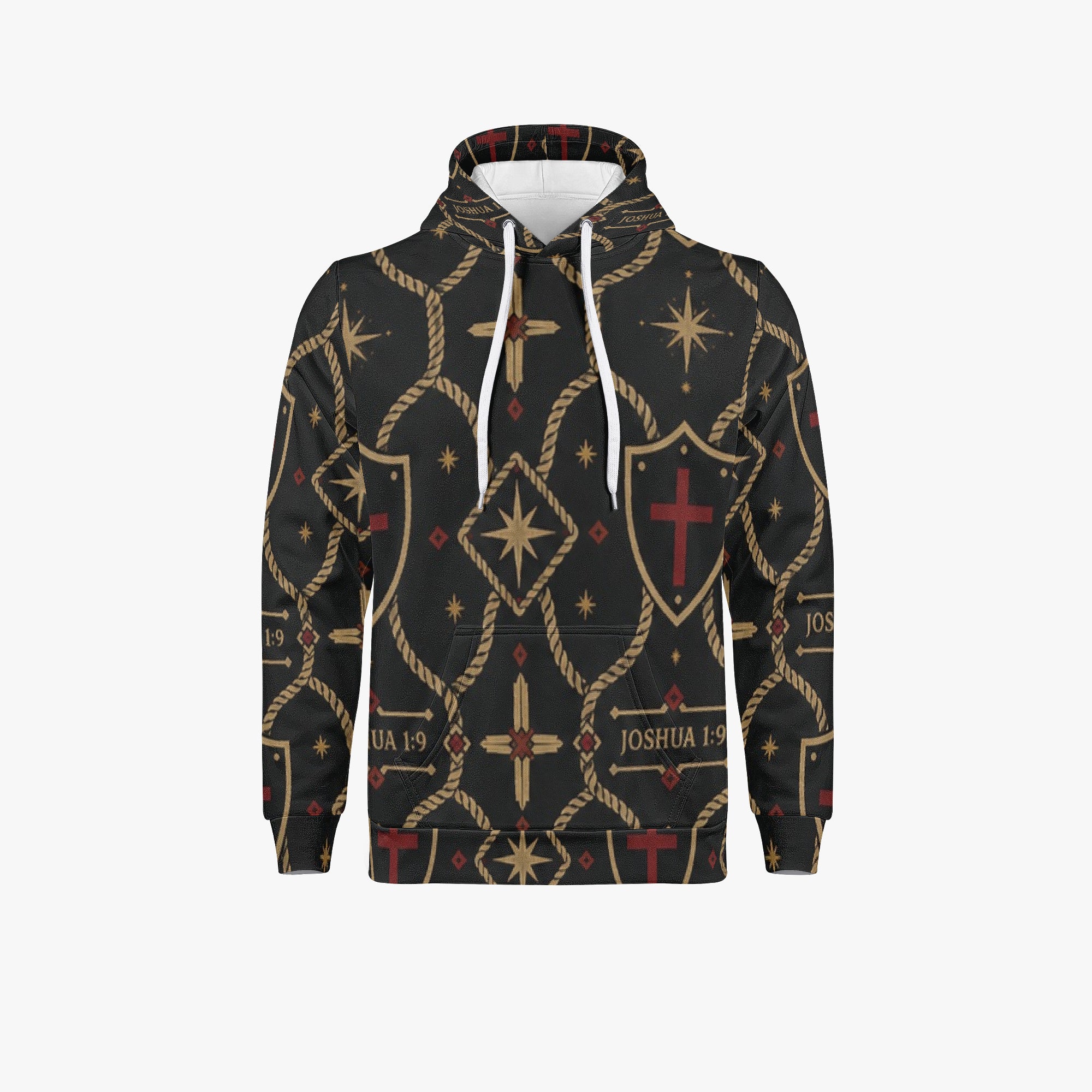 Signature monogram pullover hoodie on a hanger, front with white drawcords and pouch pocket