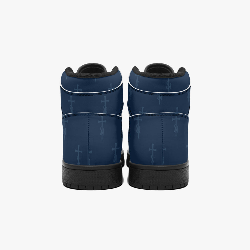 SANCTUS NOVA Royal Navy signature high-top sneakers. Black trim, rear view of the pair.