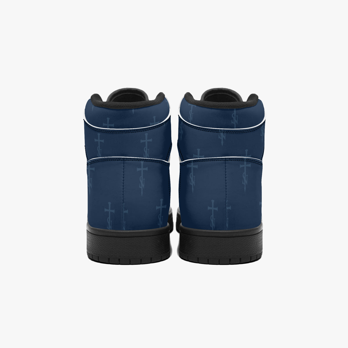 SANCTUS NOVA Royal Navy signature high-top sneakers. Black trim, rear view of the pair.