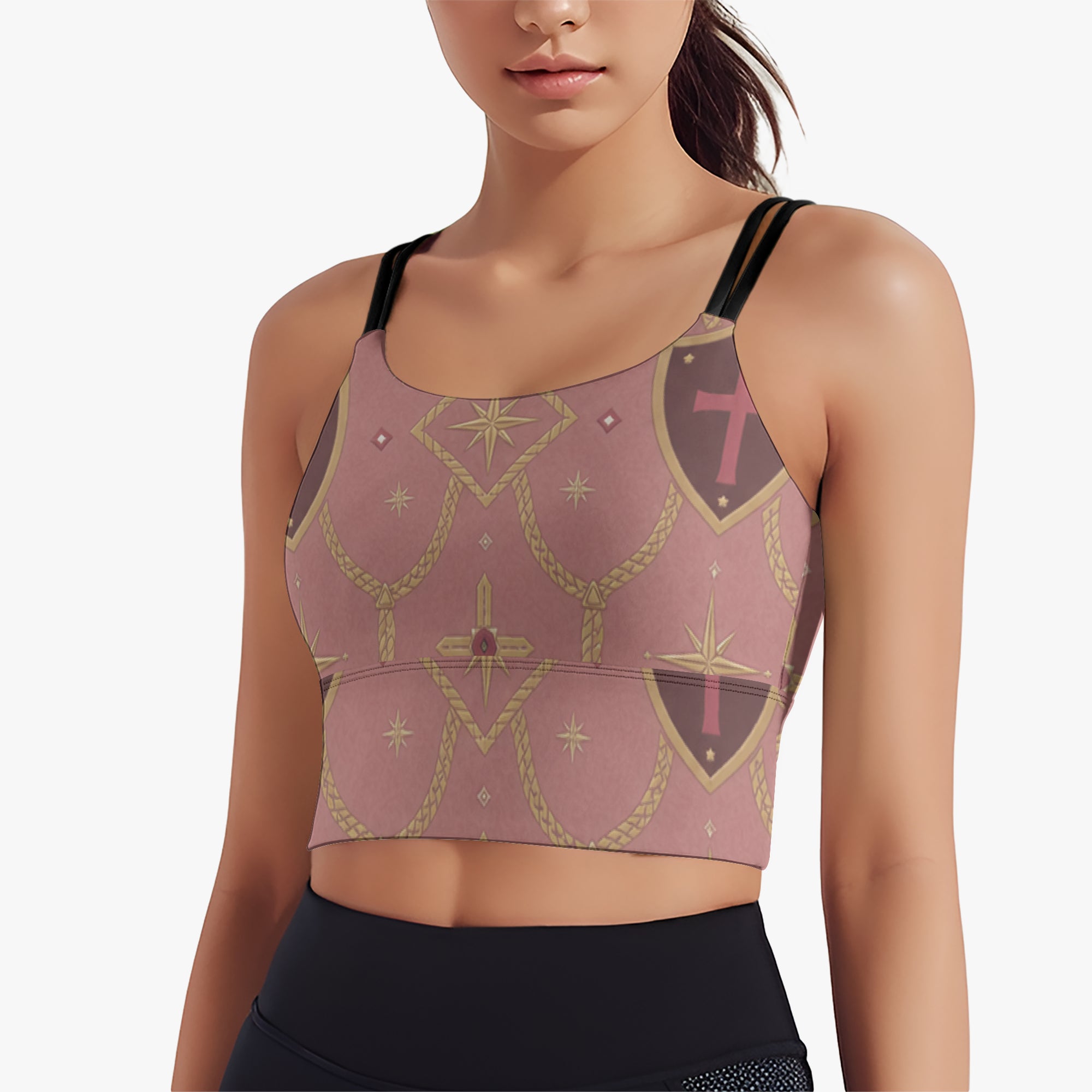 CARRY THE STANDARD women's short yoga top in rose — SANCTUS NOVA house monogram, view 5