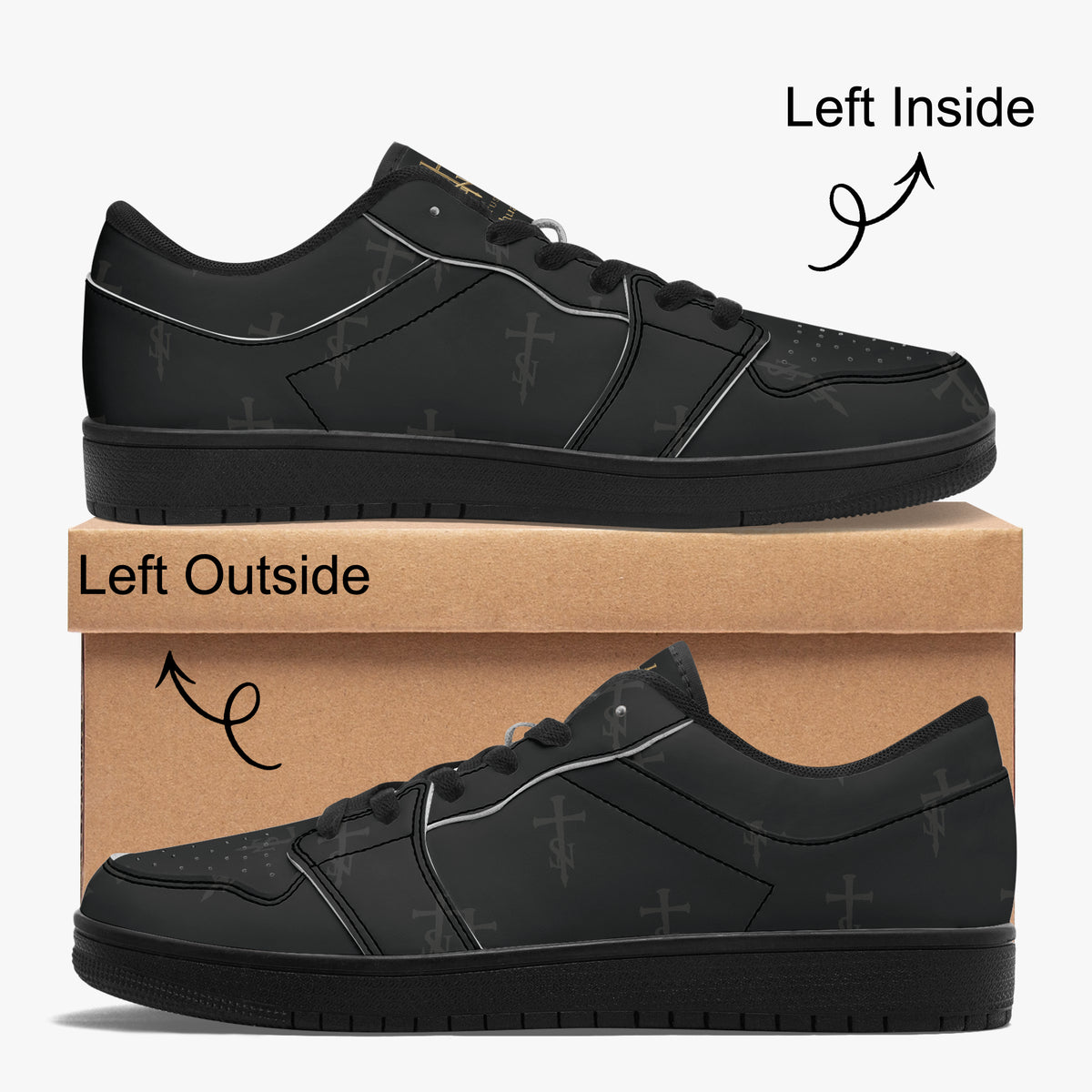 Inside and outside profiles of SANCTUS NOVA Deep Black sneakers showing tonal cross-and-SN print.