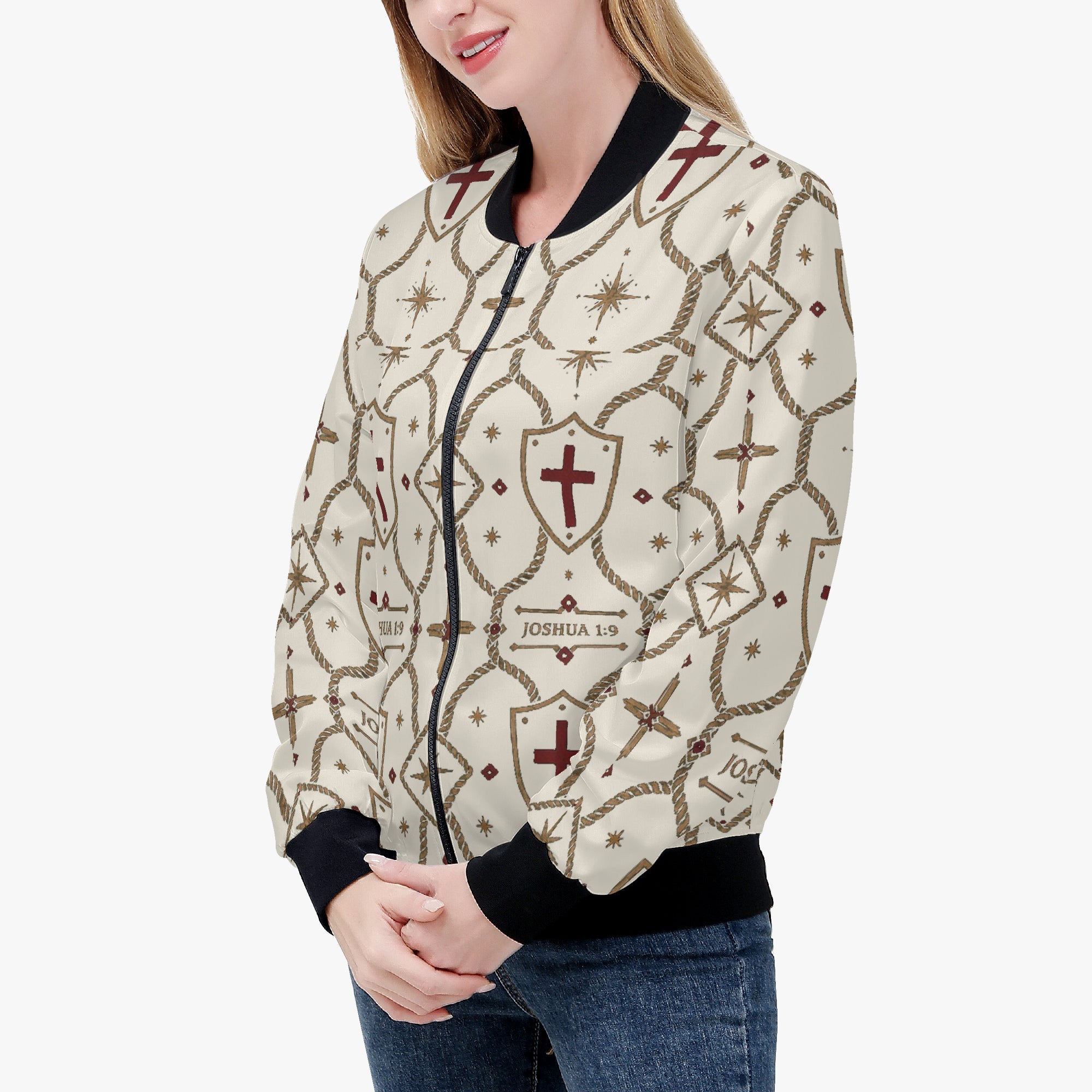 CARRY THE STANDARD women's bomber jacket in ivory — SANCTUS NOVA house monogram, view 3