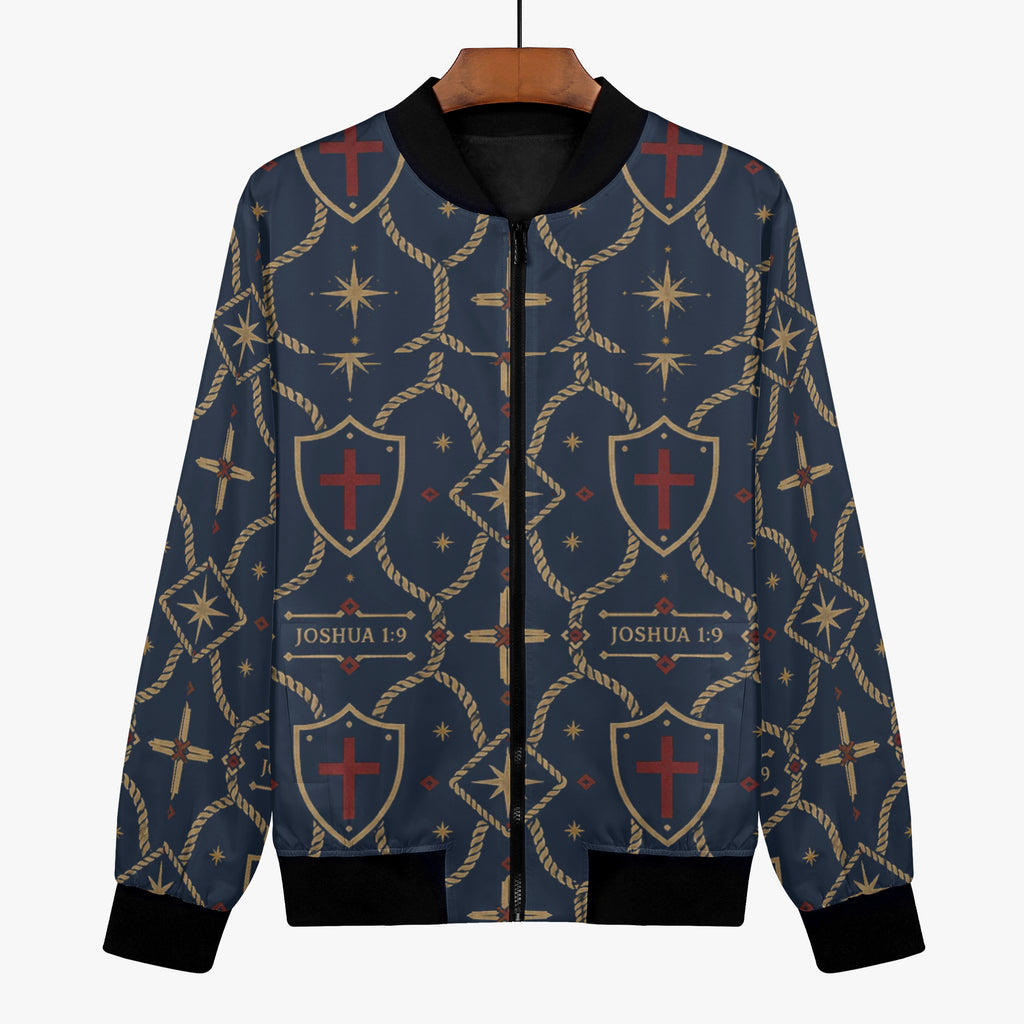 CARRY THE STANDARD women's bomber jacket in royal navy — SANCTUS NOVA house monogram, marked JOSHUA 1:9