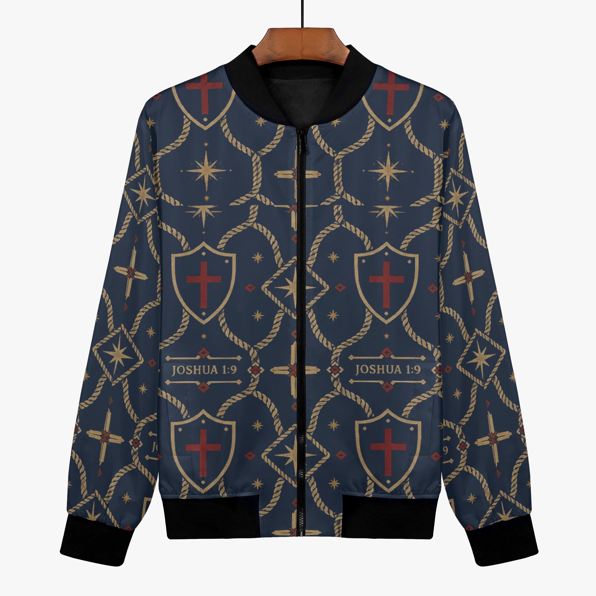 CARRY THE STANDARD women's bomber jacket in royal navy — SANCTUS NOVA house monogram, marked JOSHUA 1:9