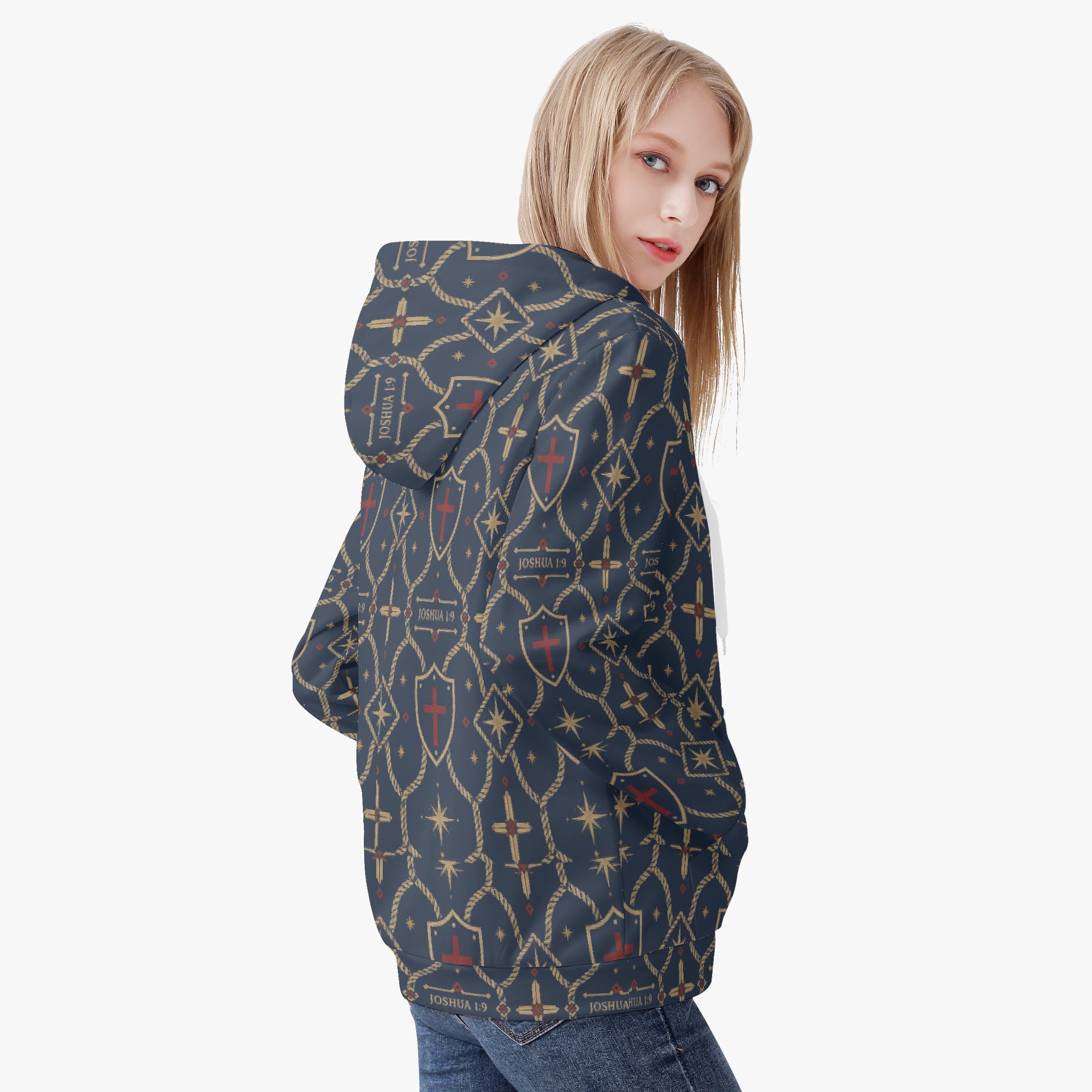 CARRY THE STANDARD women's full-zip hoodie in royal navy — SANCTUS NOVA house monogram, marked JOSHUA 1:9