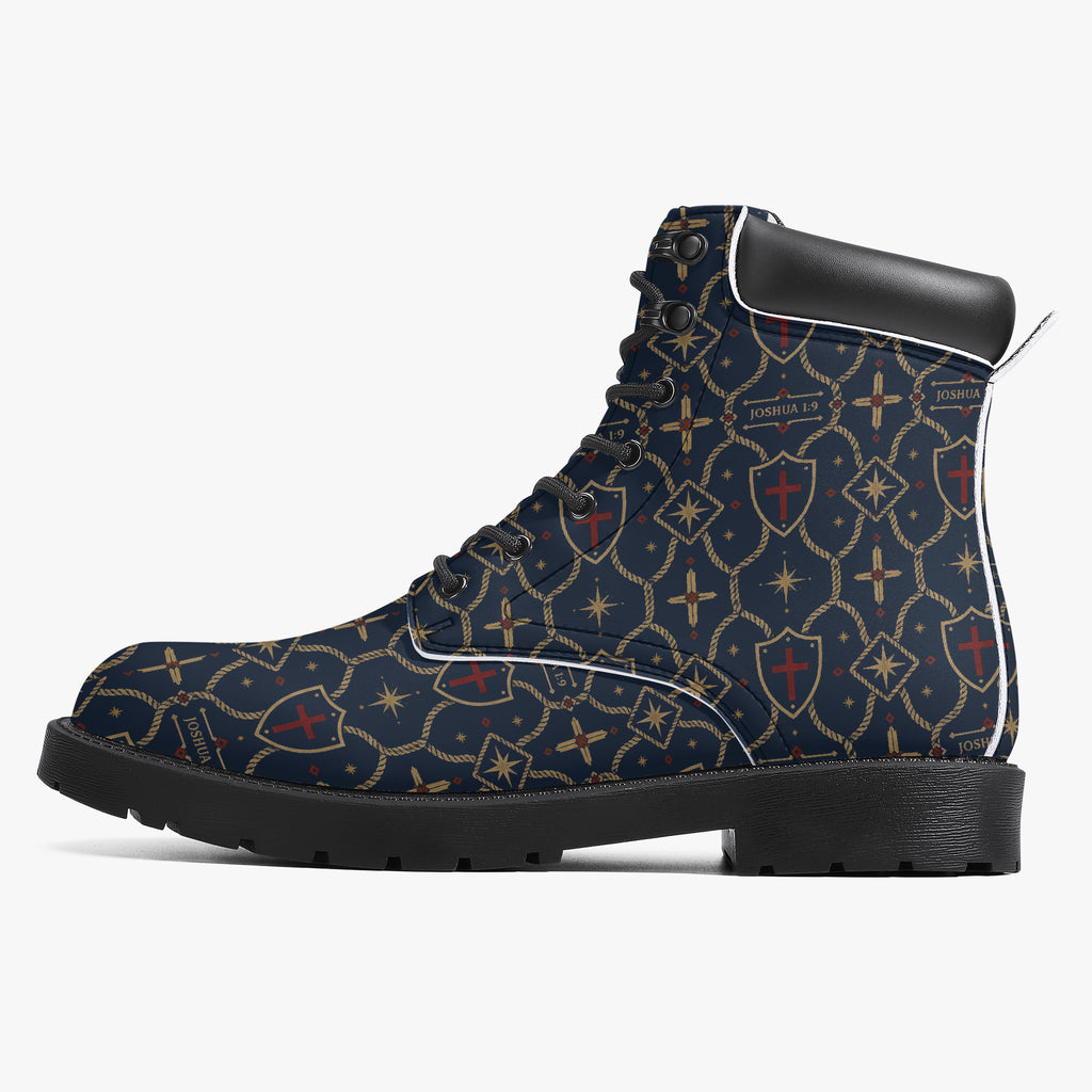 SANCTUS NOVA CARRY THE STANDARD leather boot in the royal navy monogram, top view