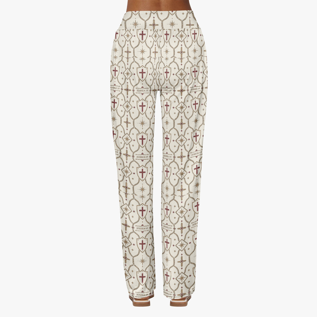 CARRY THE STANDARD women's wide leg pants in ivory, SANCTUS NOVA house monogram, front view