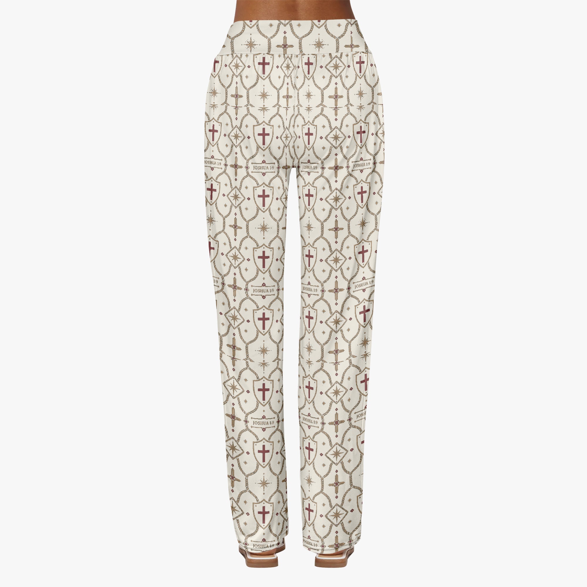 CARRY THE STANDARD women's wide leg pants in ivory, SANCTUS NOVA house monogram, front view
