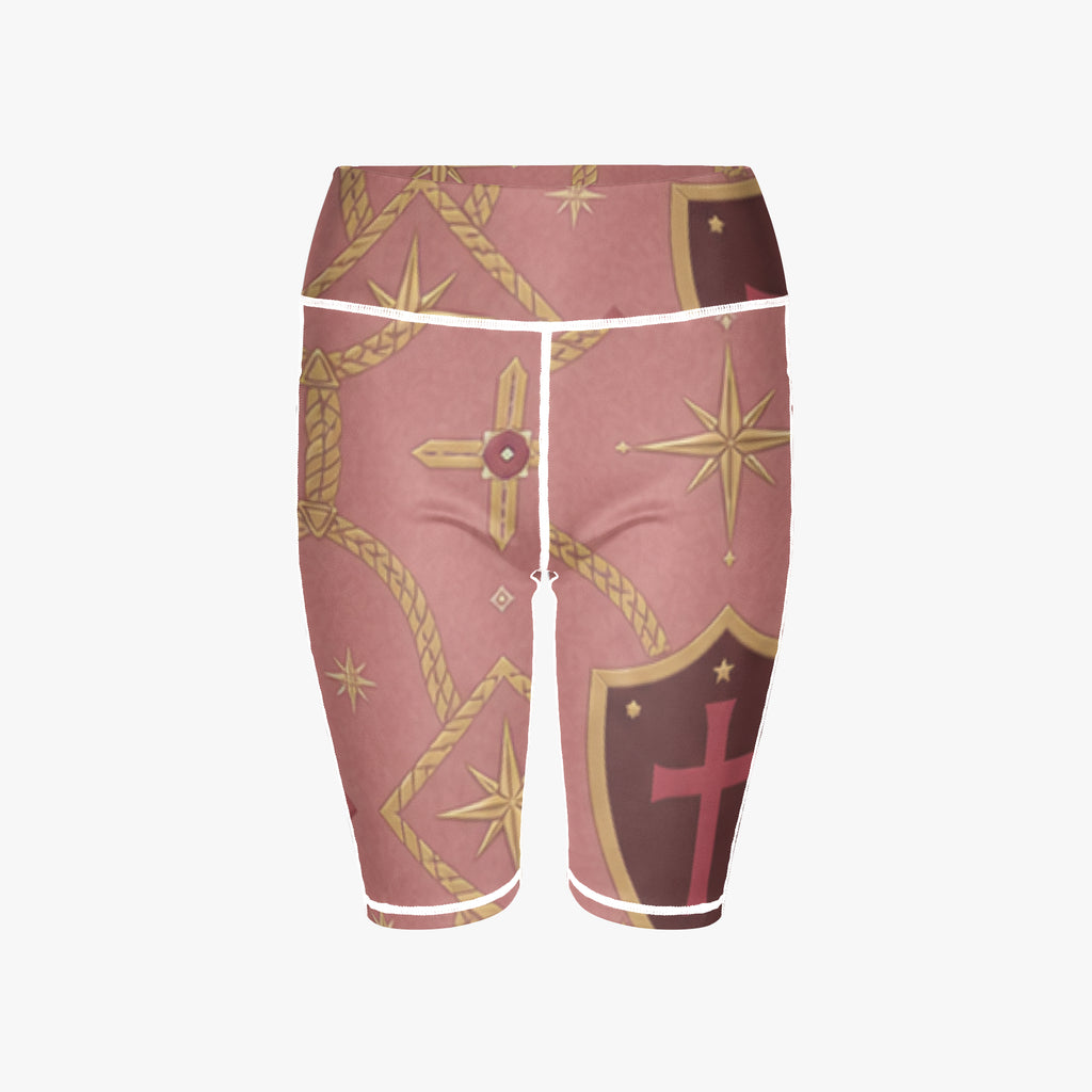 CARRY THE STANDARD women's yoga shorts in rose — SANCTUS NOVA house monogram, view 2