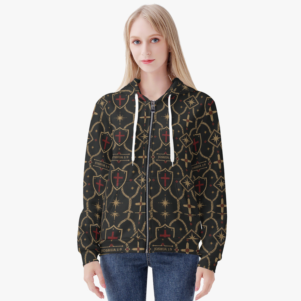 CARRY THE STANDARD women's zip hoodie — gold rope-lattice trellis on charcoal (view 5)