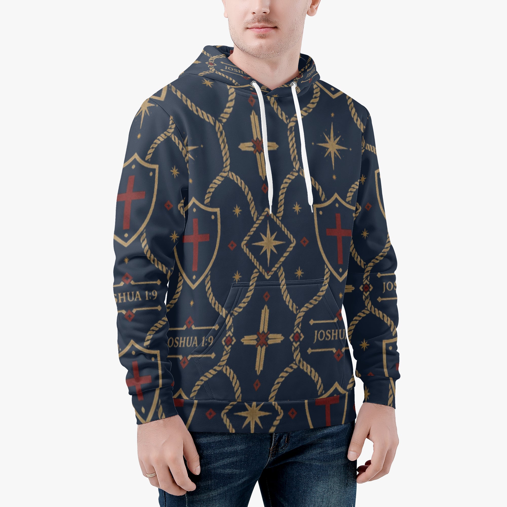 CARRY THE STANDARD pullover hoodie in royal navy — SANCTUS NOVA house monogram, view 4