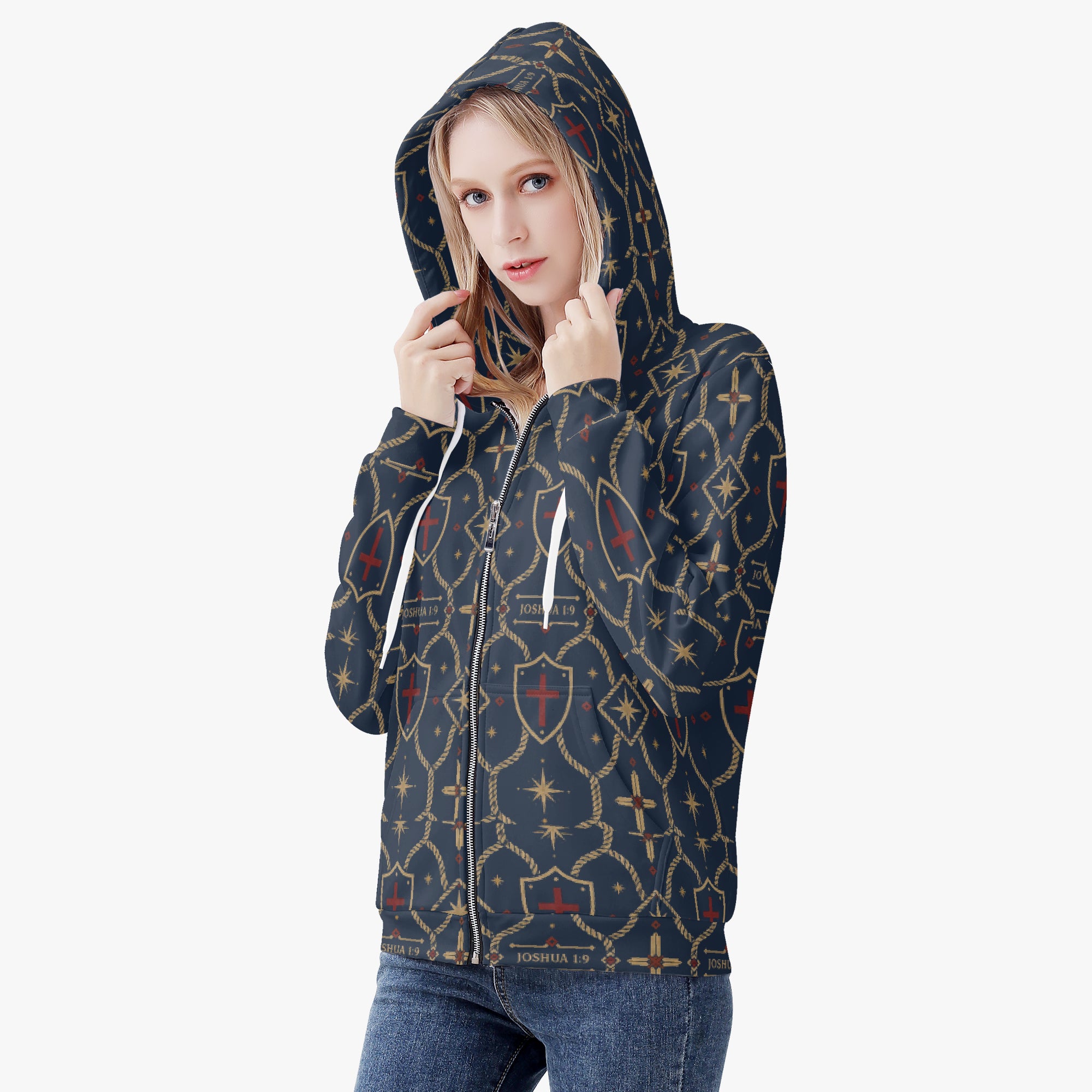 CARRY THE STANDARD women's full-zip hoodie in royal navy — SANCTUS NOVA house monogram, view 6