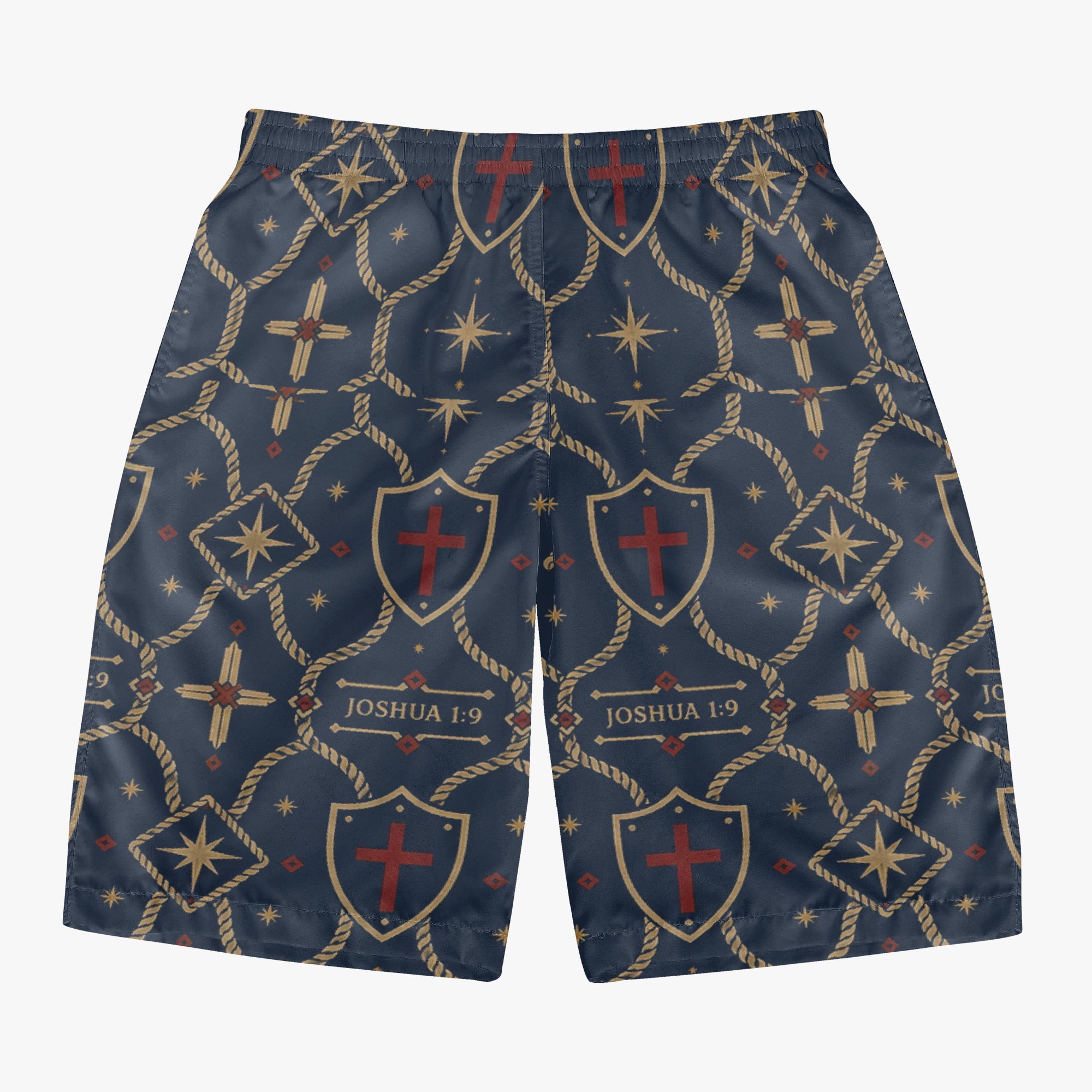 CARRY THE STANDARD board shorts in royal navy, SANCTUS NOVA house monogram, front view