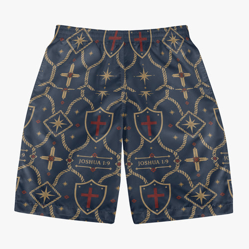 CARRY THE STANDARD board shorts in royal navy, SANCTUS NOVA house monogram, front view