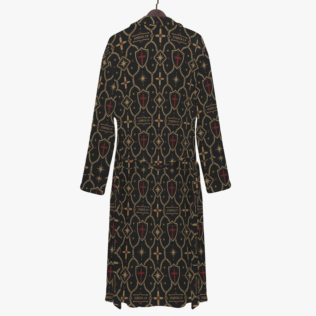 Christian monogram bathrobe — JOSHUA 1:9 set in gold small caps on the Standard pattern (view 4)