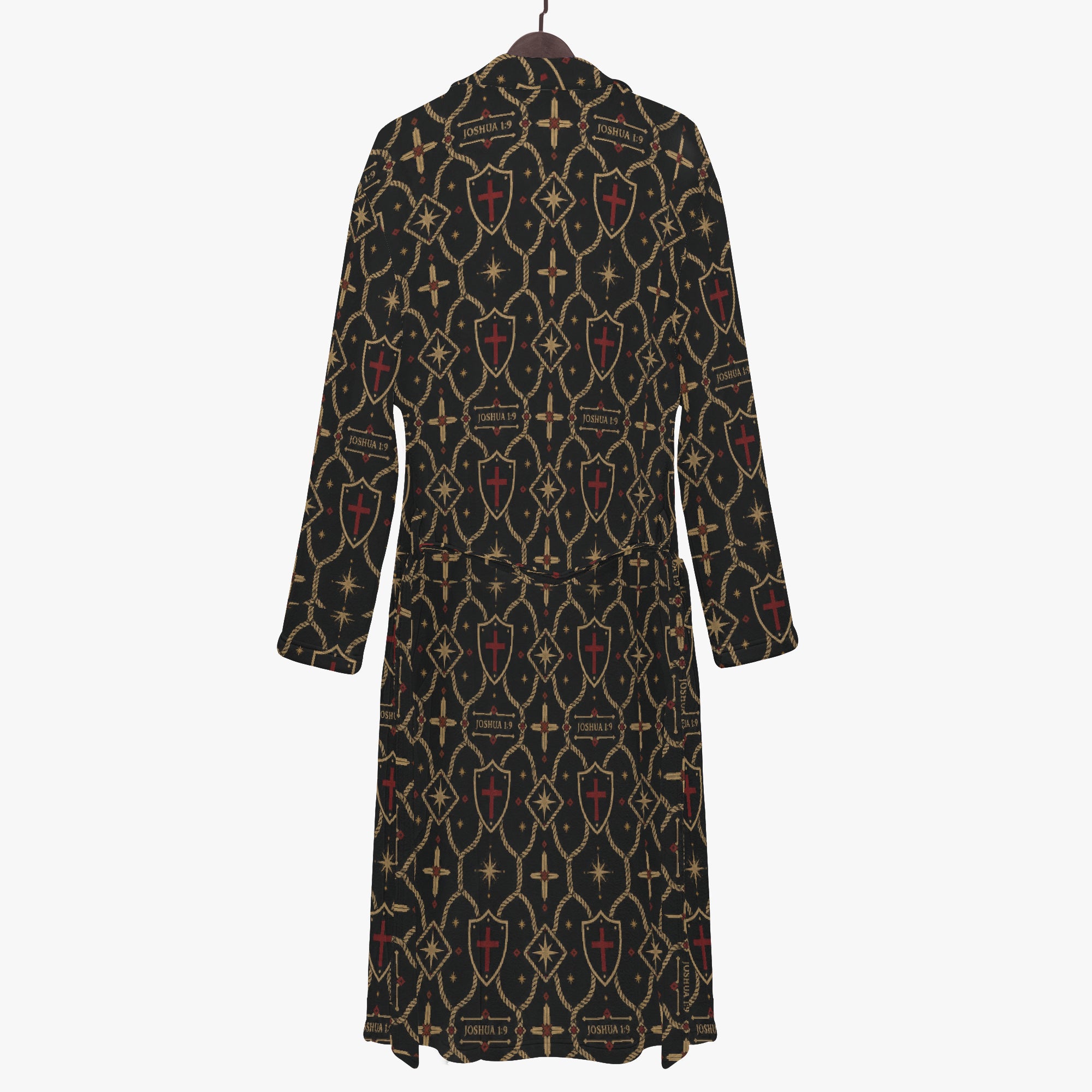 Christian monogram bathrobe — JOSHUA 1:9 set in gold small caps on the Standard pattern (view 4)