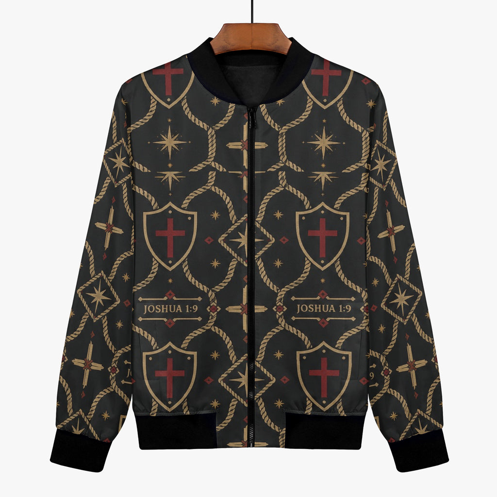 CARRY THE STANDARD women's bomber jacket — SANCTUS NOVA house monogram in gold on charcoal, marked JOSHUA 1:9