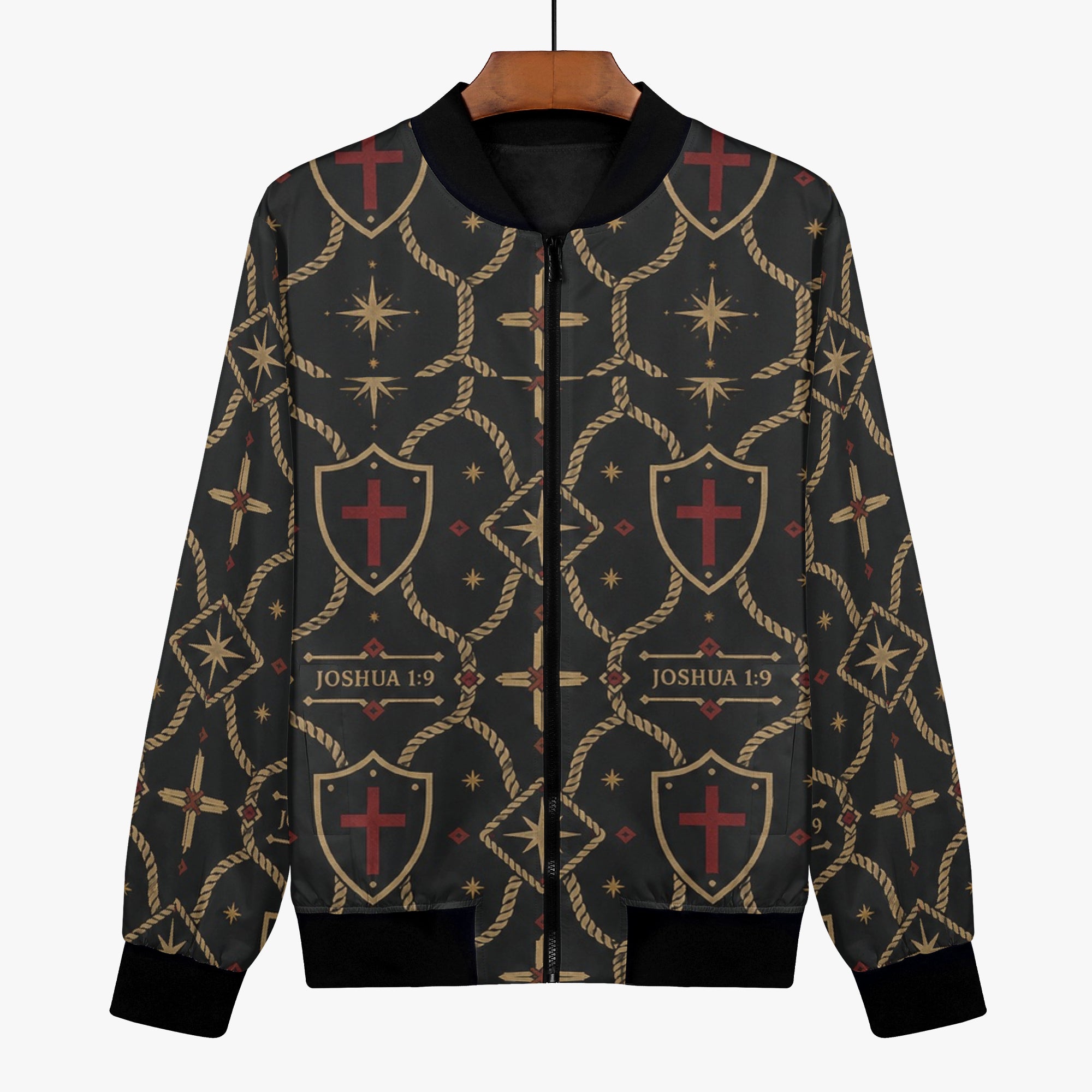 CARRY THE STANDARD women's bomber jacket — SANCTUS NOVA house monogram in gold on charcoal, marked JOSHUA 1:9