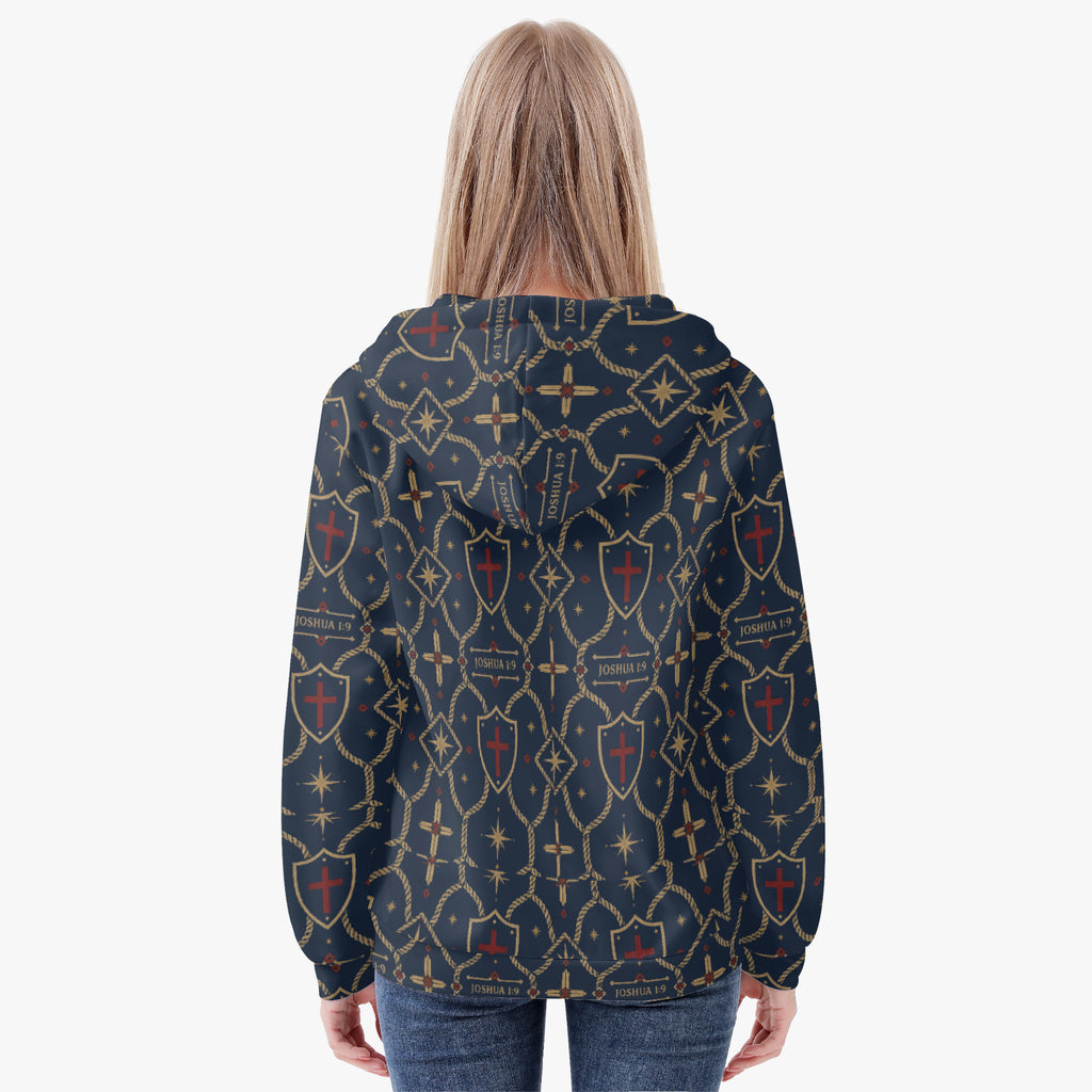 CARRY THE STANDARD women's full-zip hoodie in royal navy — SANCTUS NOVA house monogram, view 4