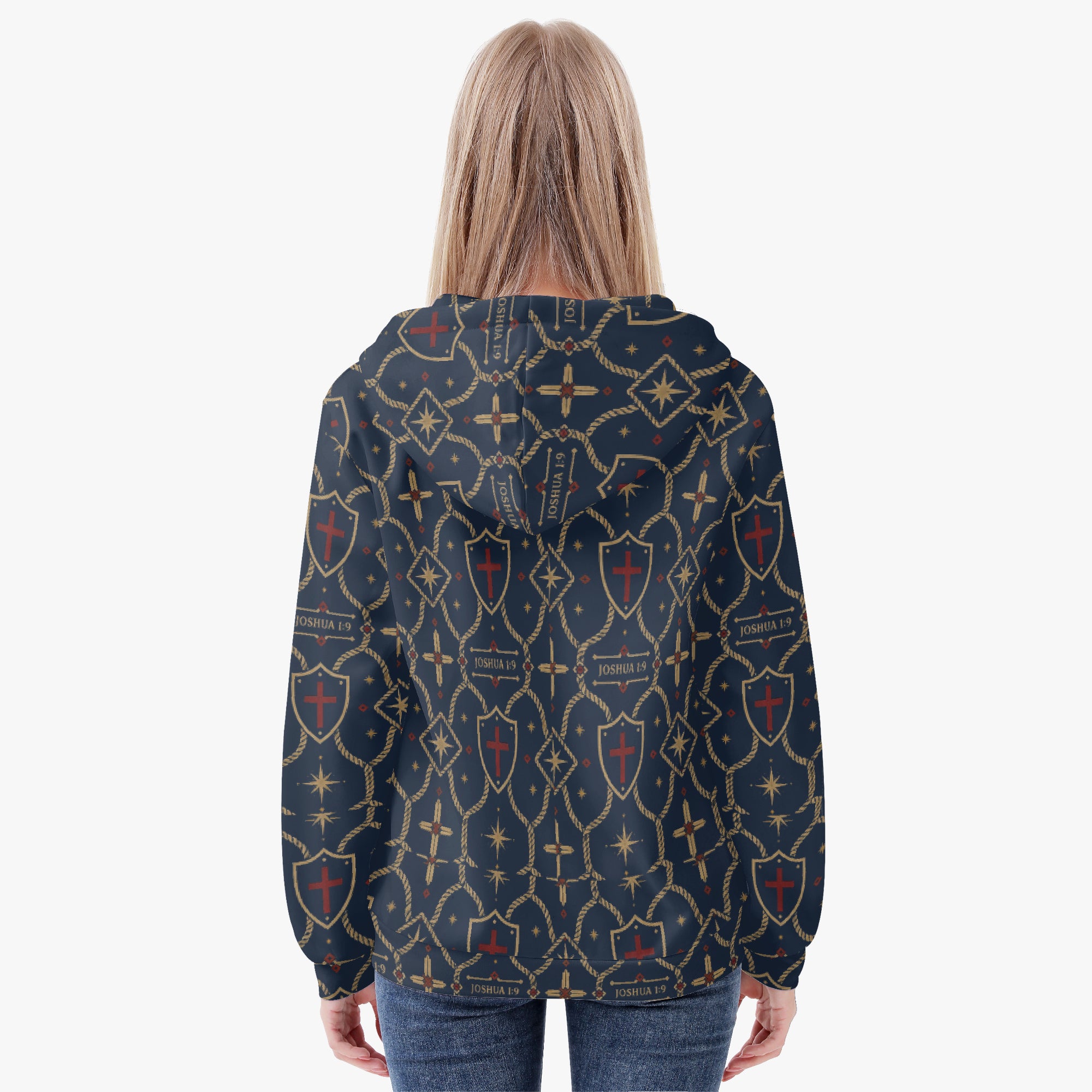 CARRY THE STANDARD women's full-zip hoodie in royal navy — SANCTUS NOVA house monogram, view 4
