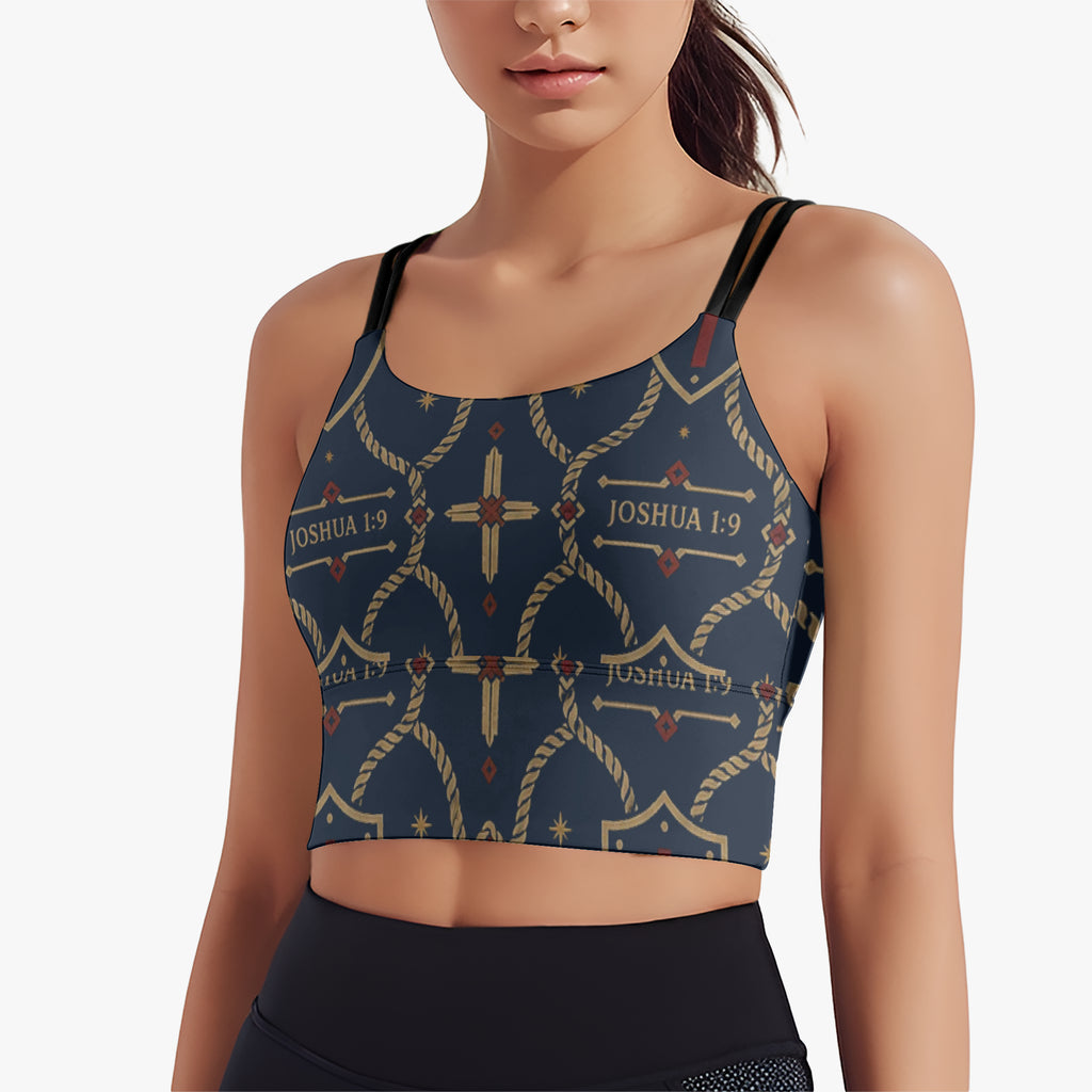CARRY THE STANDARD women's short yoga top in royal navy — SANCTUS NOVA house monogram, view 5